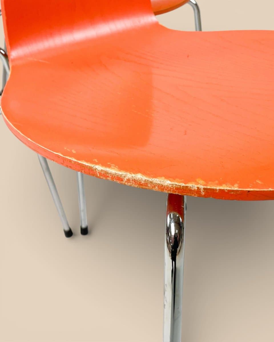 Set of six chairs Model 3101 Ant, orange plywood, chromed steel, by A. Jacobsen, Fritz Hansen, Denmark, 1970s. - 327318
