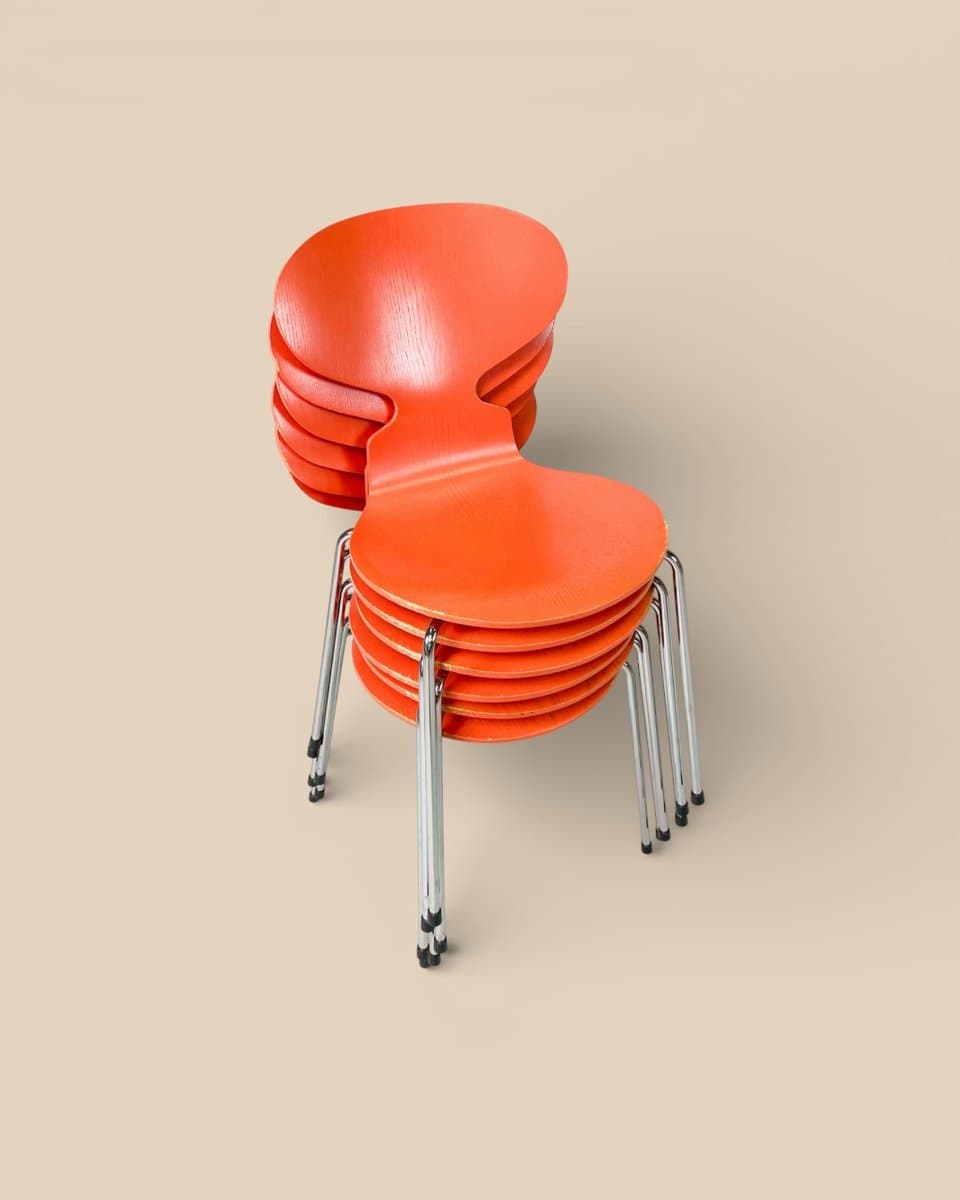 Set of six chairs Model 3101 Ant, orange plywood, chromed steel, by A. Jacobsen, Fritz Hansen, Denmark, 1970s. - 327317