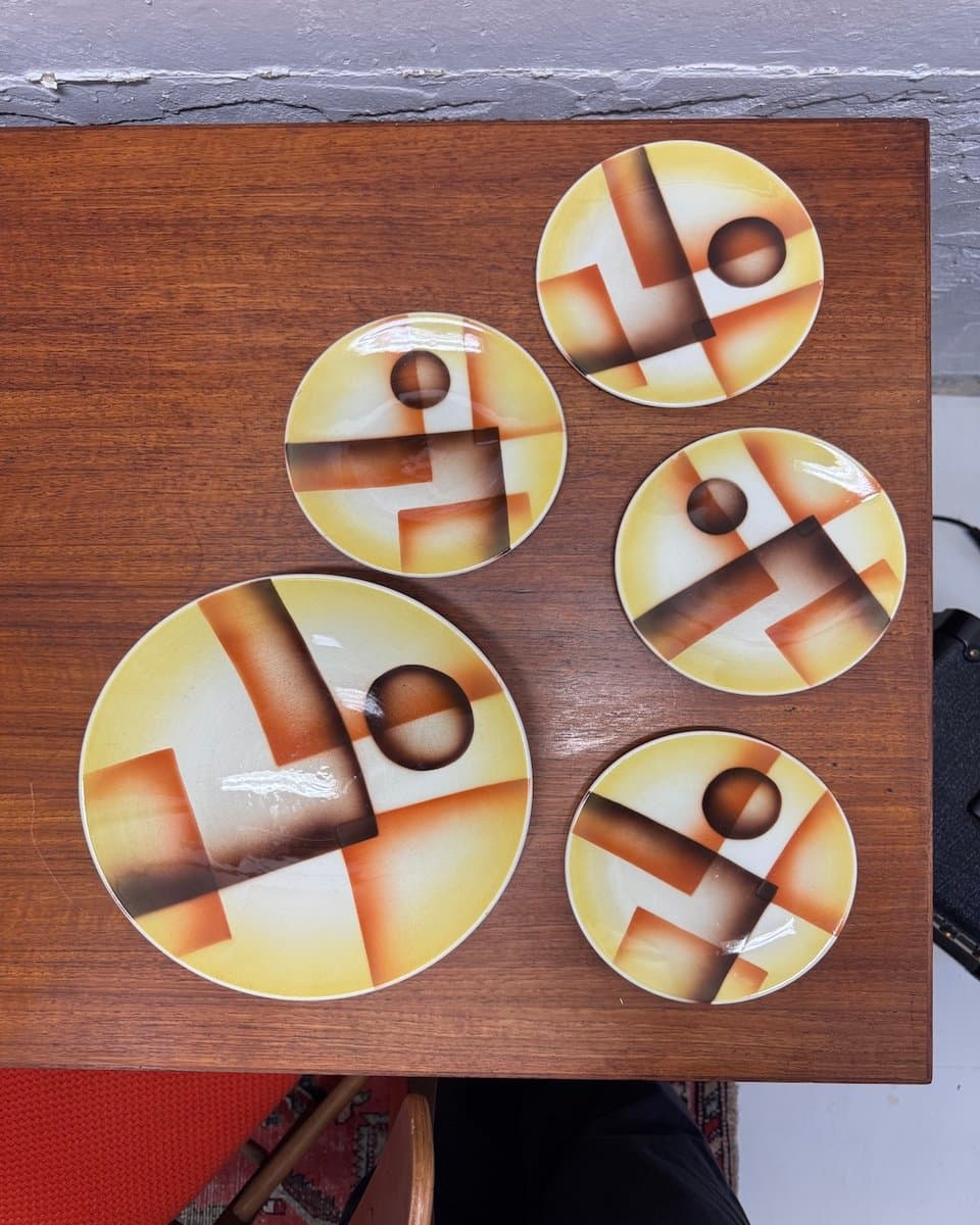 Set of Five Plates Art Deco, yellow brown orange white, porcelain, Germany, 1930s. - 327424