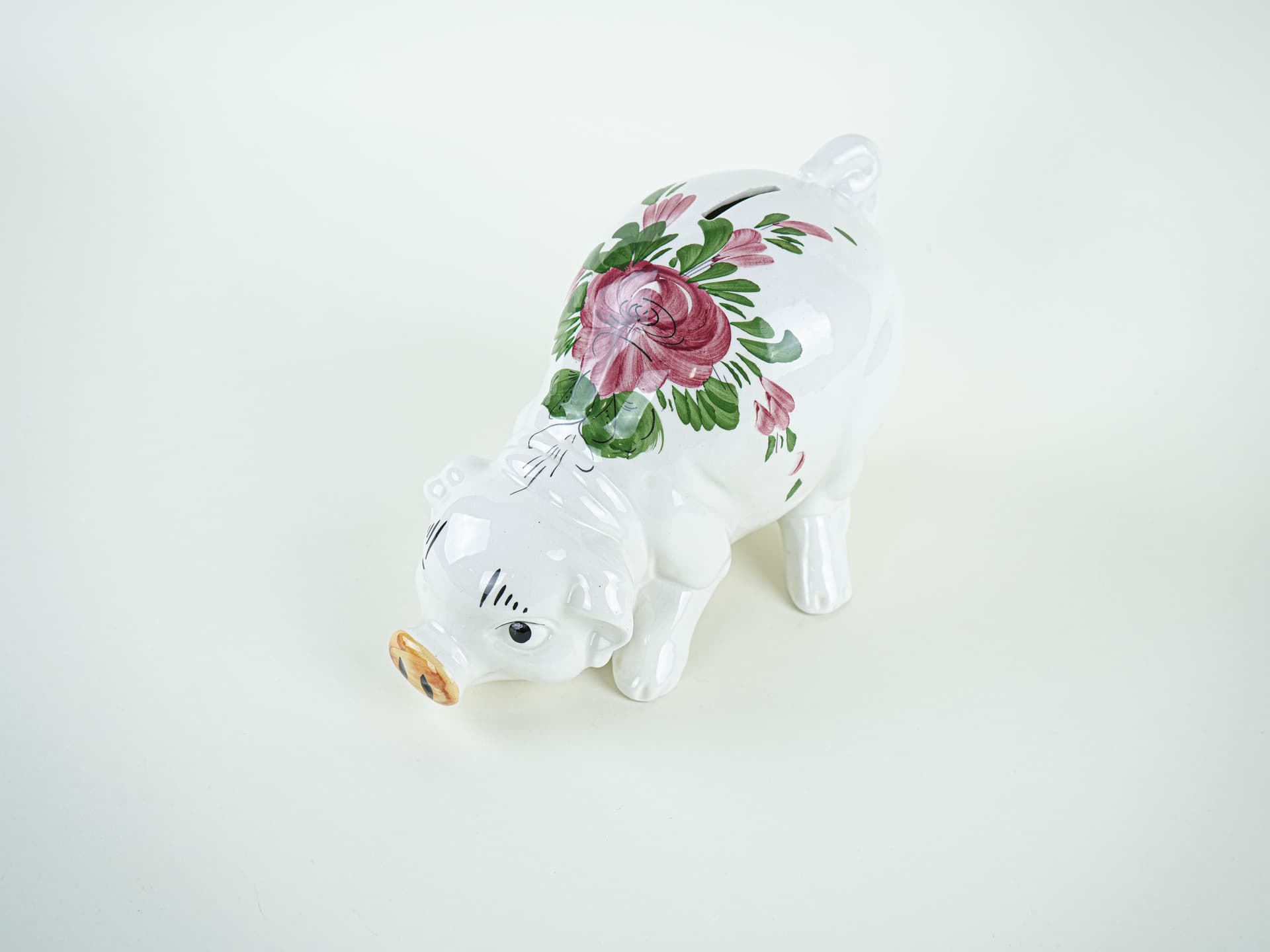 Piggy bank, white pink green, glazed ceramic, Portugal, 1970s. - 327597