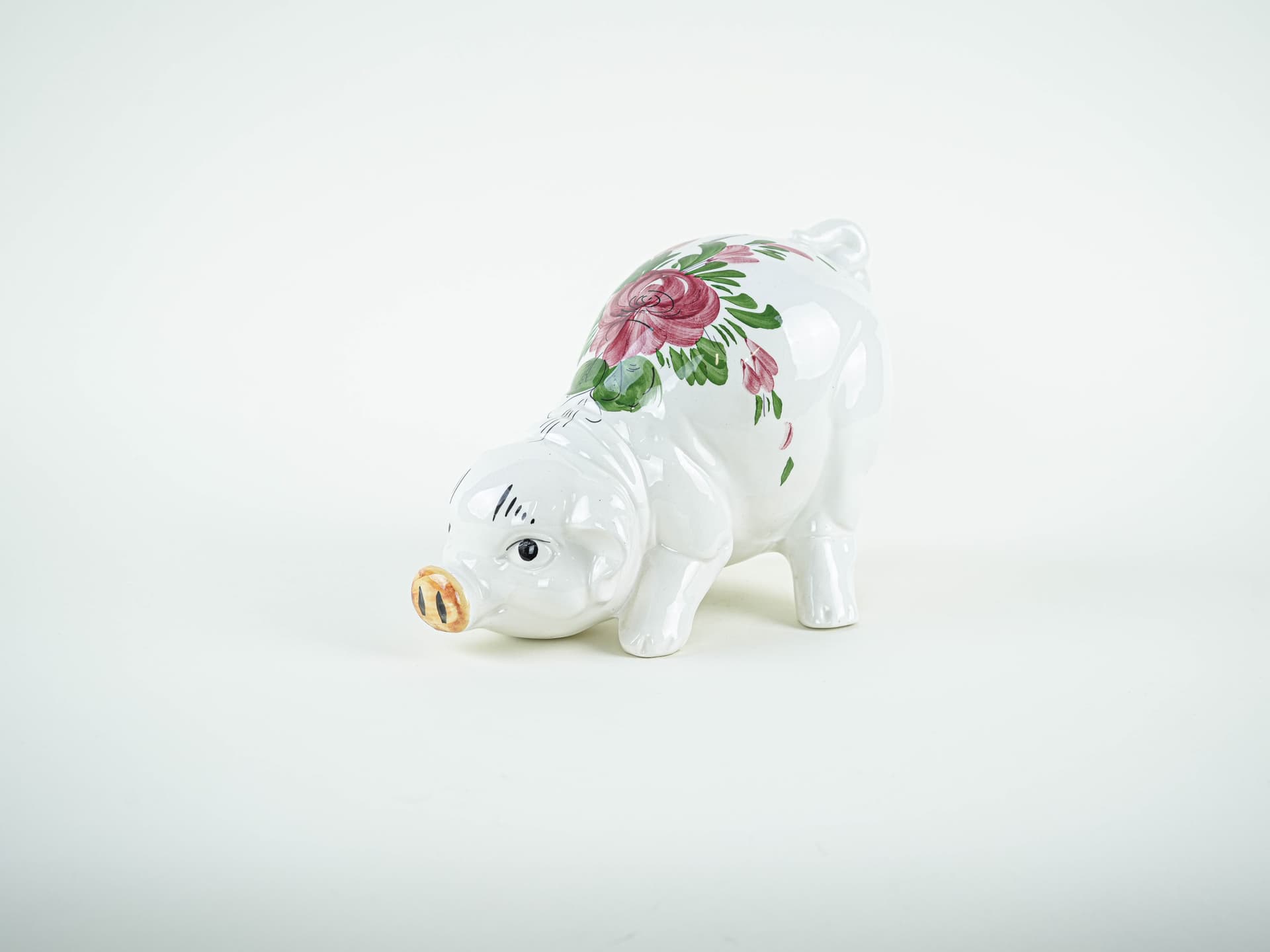 Piggy bank, white pink green, glazed ceramic, Portugal, 1970s. - 327595