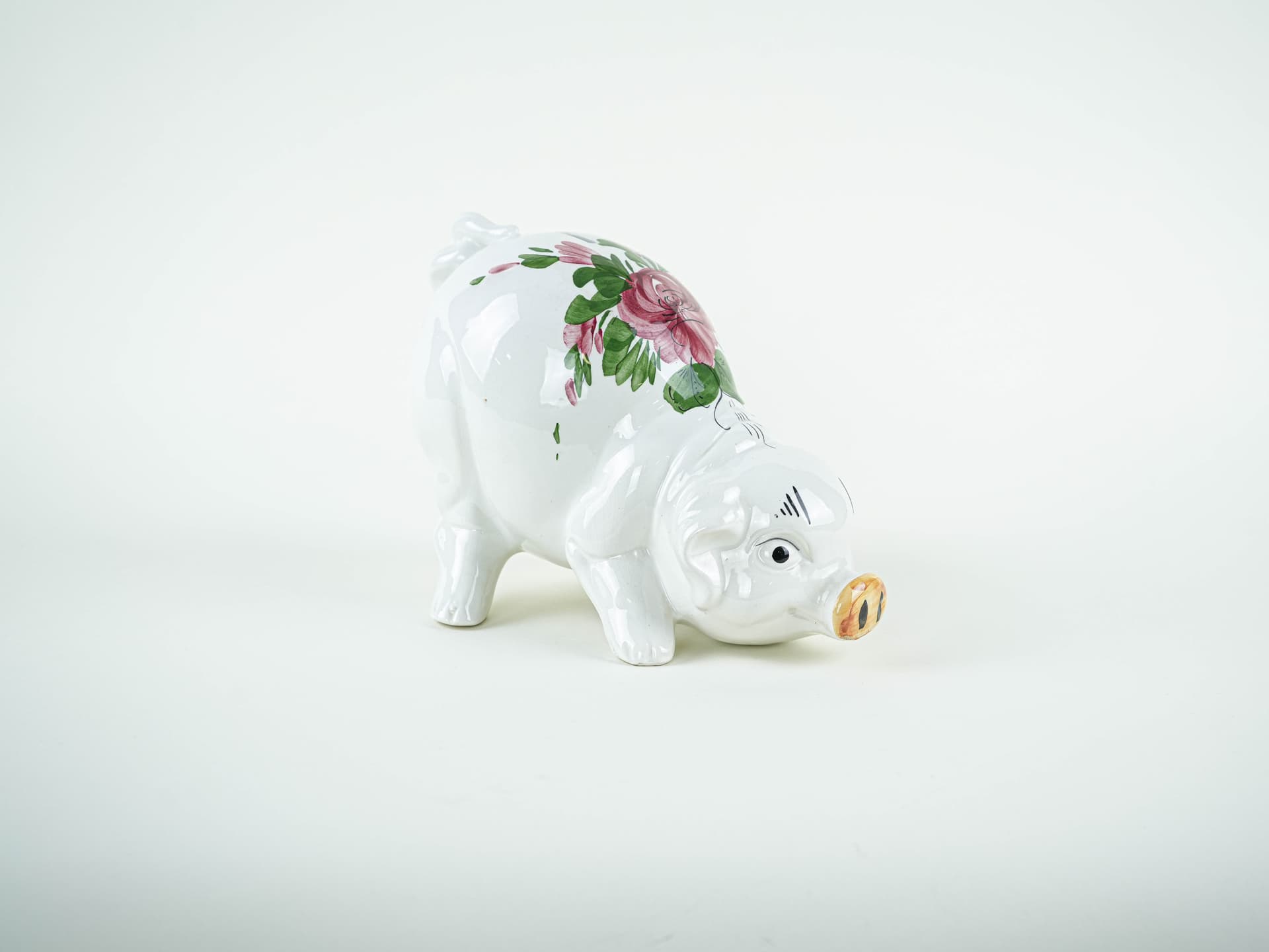Piggy bank, white pink green, glazed ceramic, Portugal, 1970s. - 327596