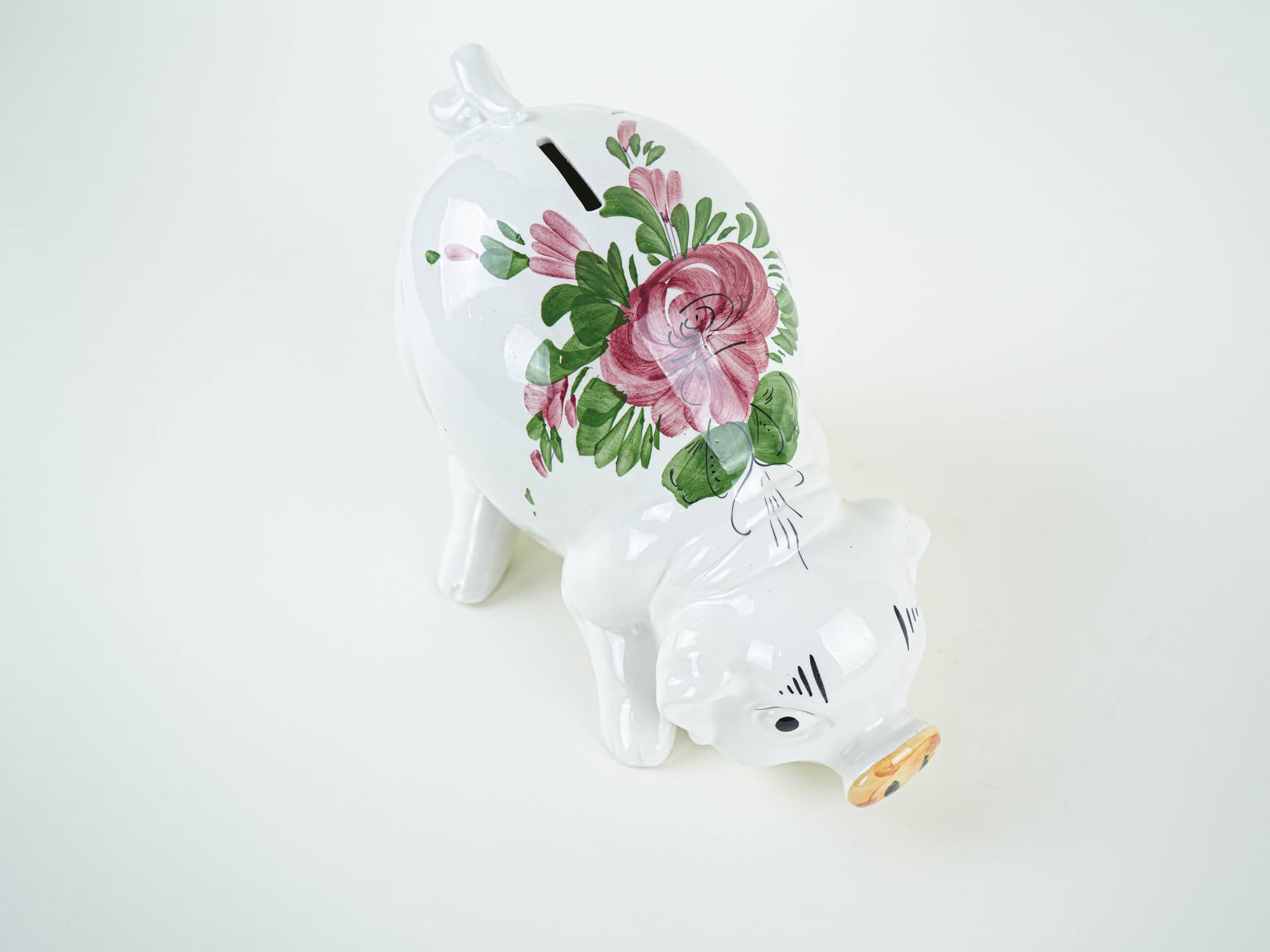 Piggy bank, white pink green, glazed ceramic, Portugal, 1970s. - 327599