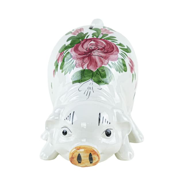 Piggy bank, white pink green, glazed ceramic, Portugal, 1970s. - DIMENSION
