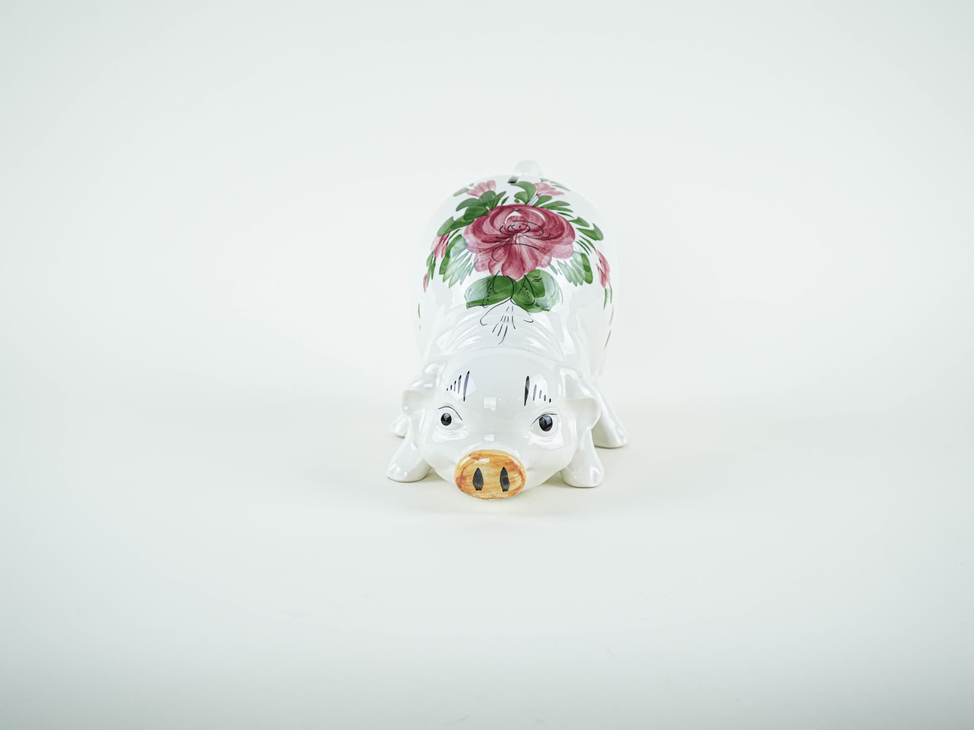 Piggy bank, white pink green, glazed ceramic, Portugal, 1970s. - 327594