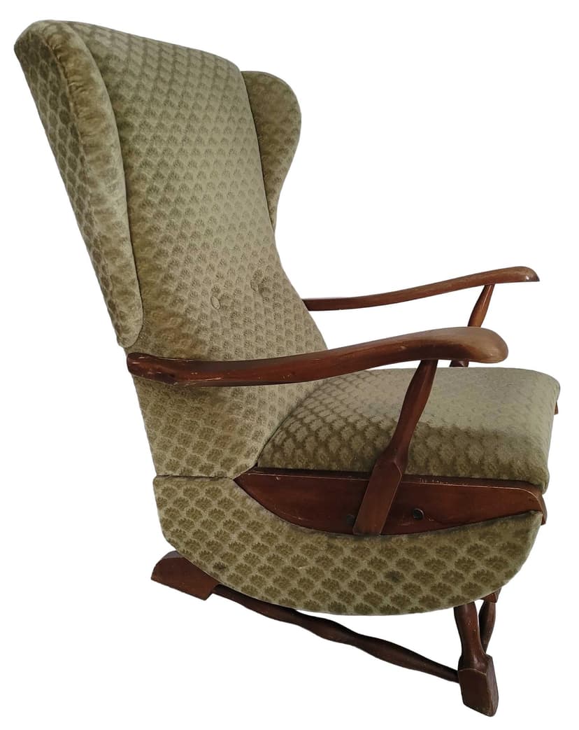 Rocking armchair Uszak, green velvet, brown wood, Poland, 1950s.