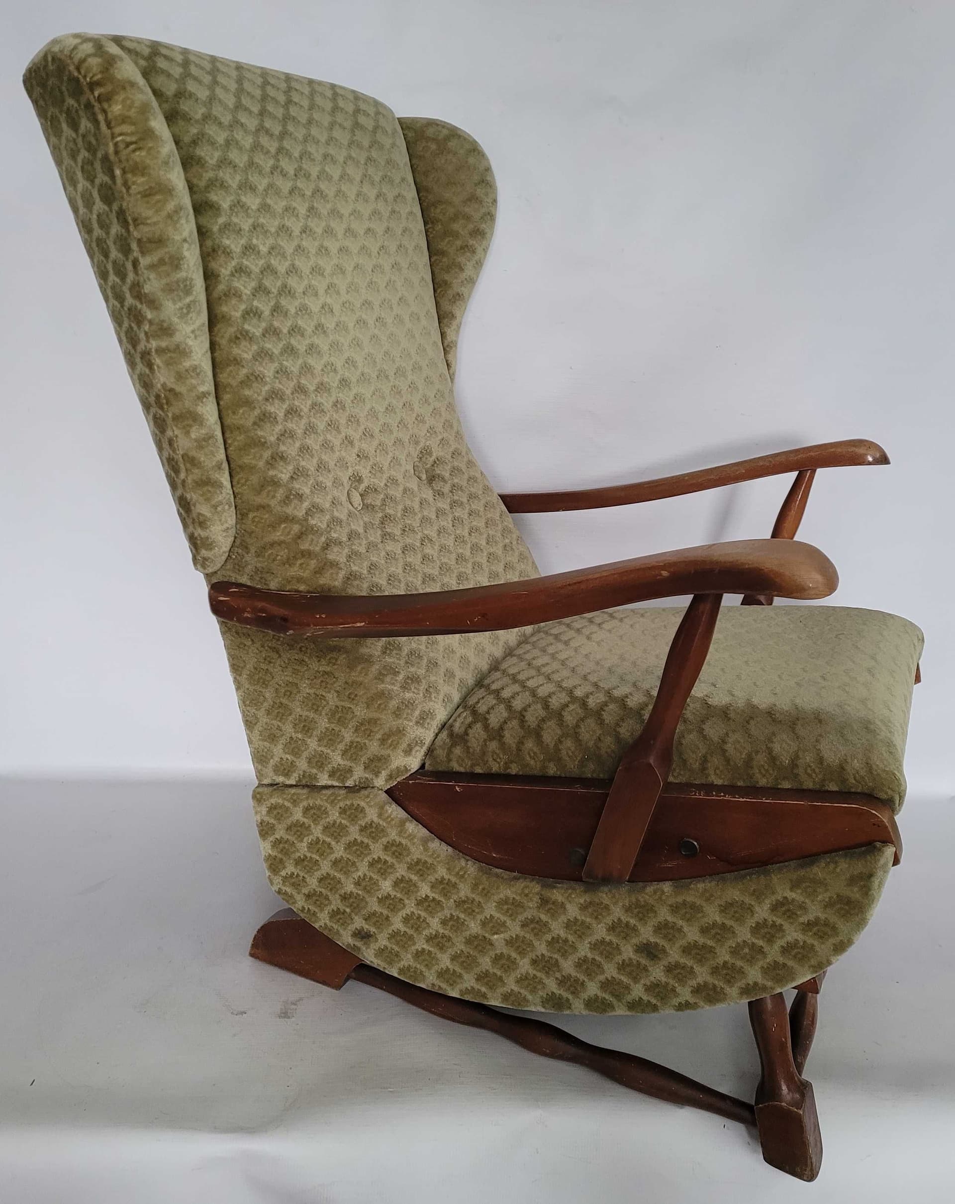 Rocking armchair Uszak, green velvet, brown wood, Poland, 1950s. - 327780