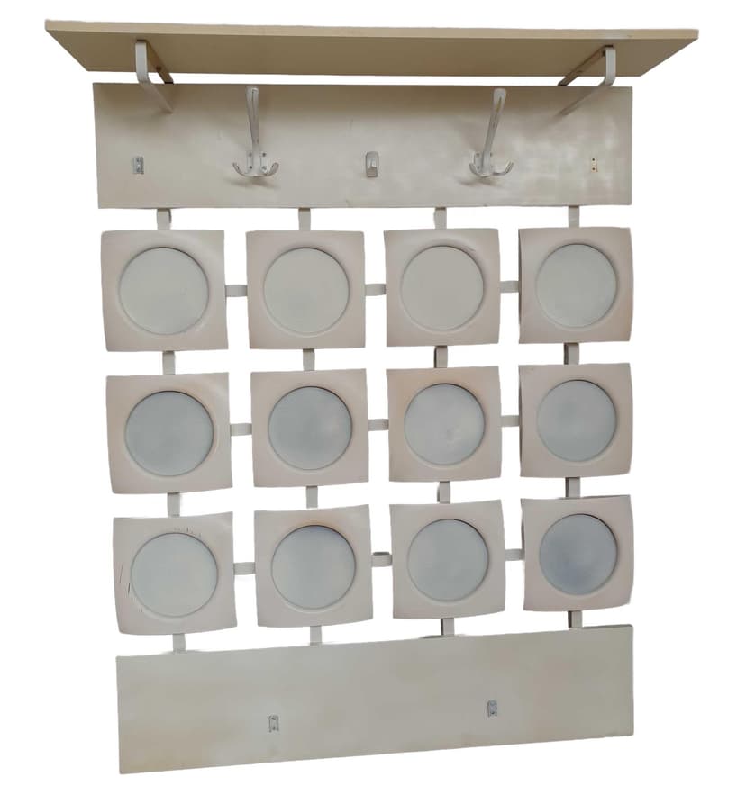 Hall stand Space Age, beige wood, white metal, Poland, 1970s.