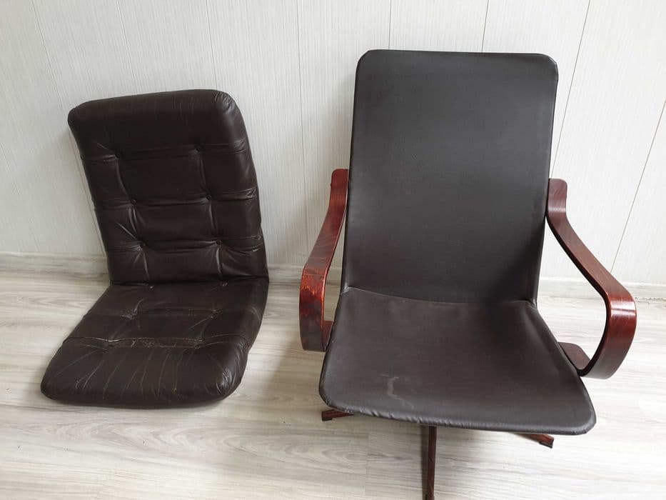 Fotel relaksacyjny, skóra brązowa, drewno czerwony, Dania, lata 80. - 328291