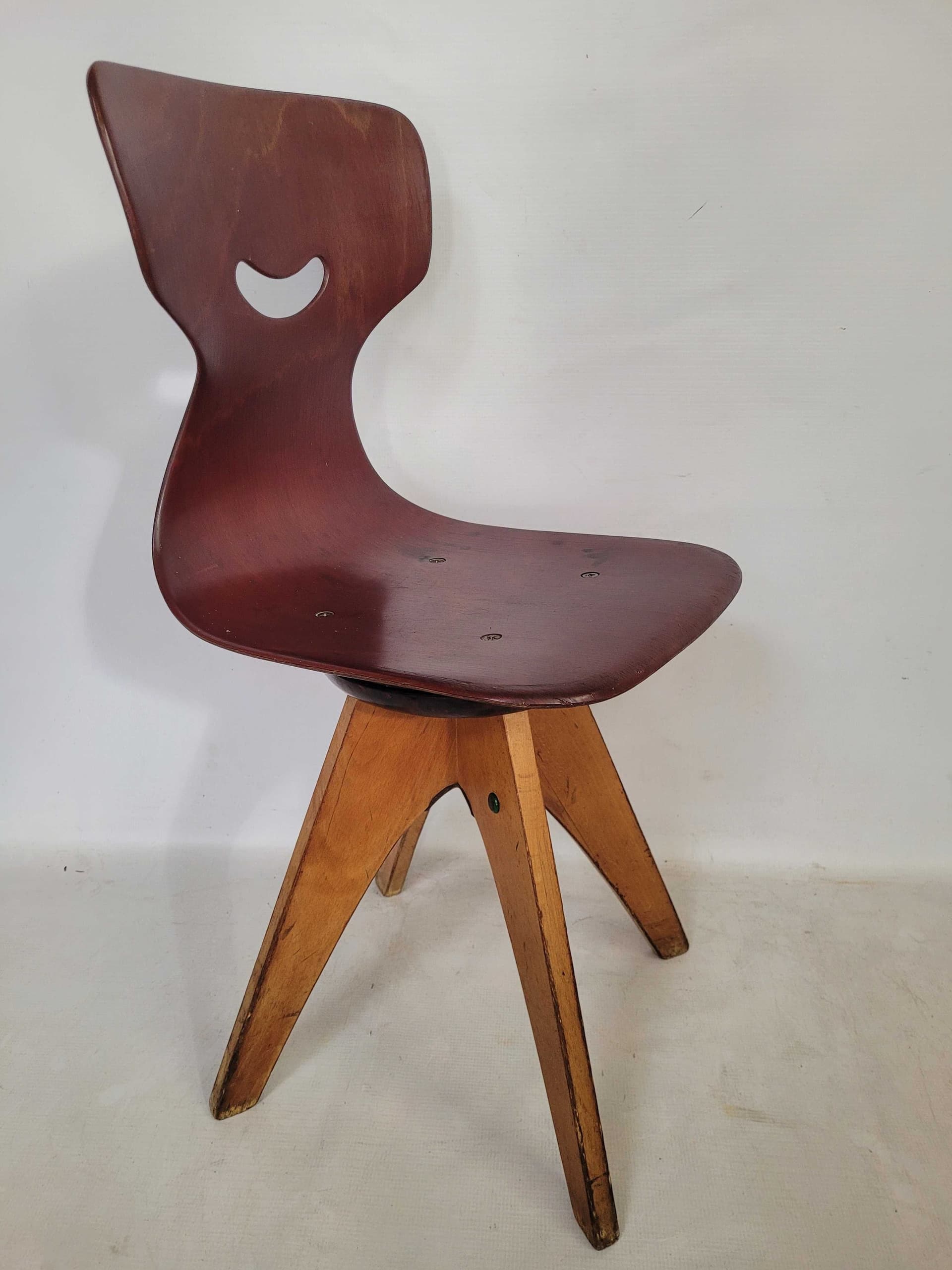 Desk chair, burgundy plywood, natural wood, by E. Flötotto, Germany, 1970s. - 328241