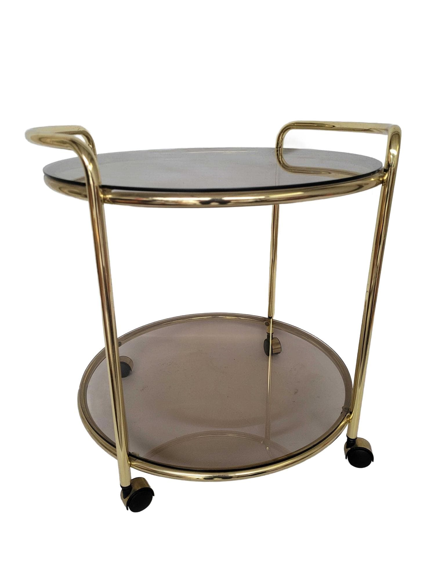 Mobile Side Table Hollywood Regency, gold brass, smoked glass, 1970s