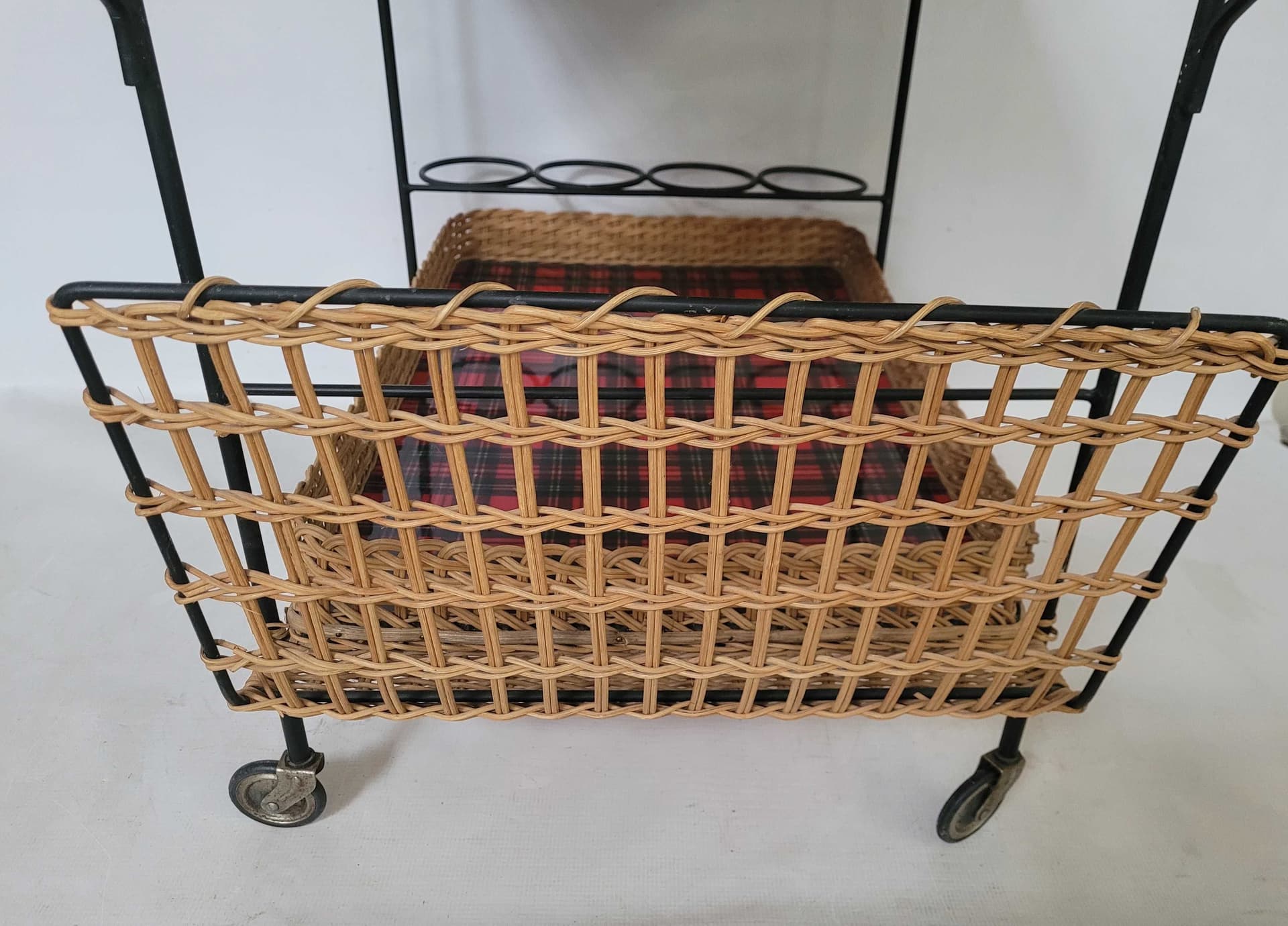 Bar cart, black metal, brown wicker, Poland, 1970s. - 328201