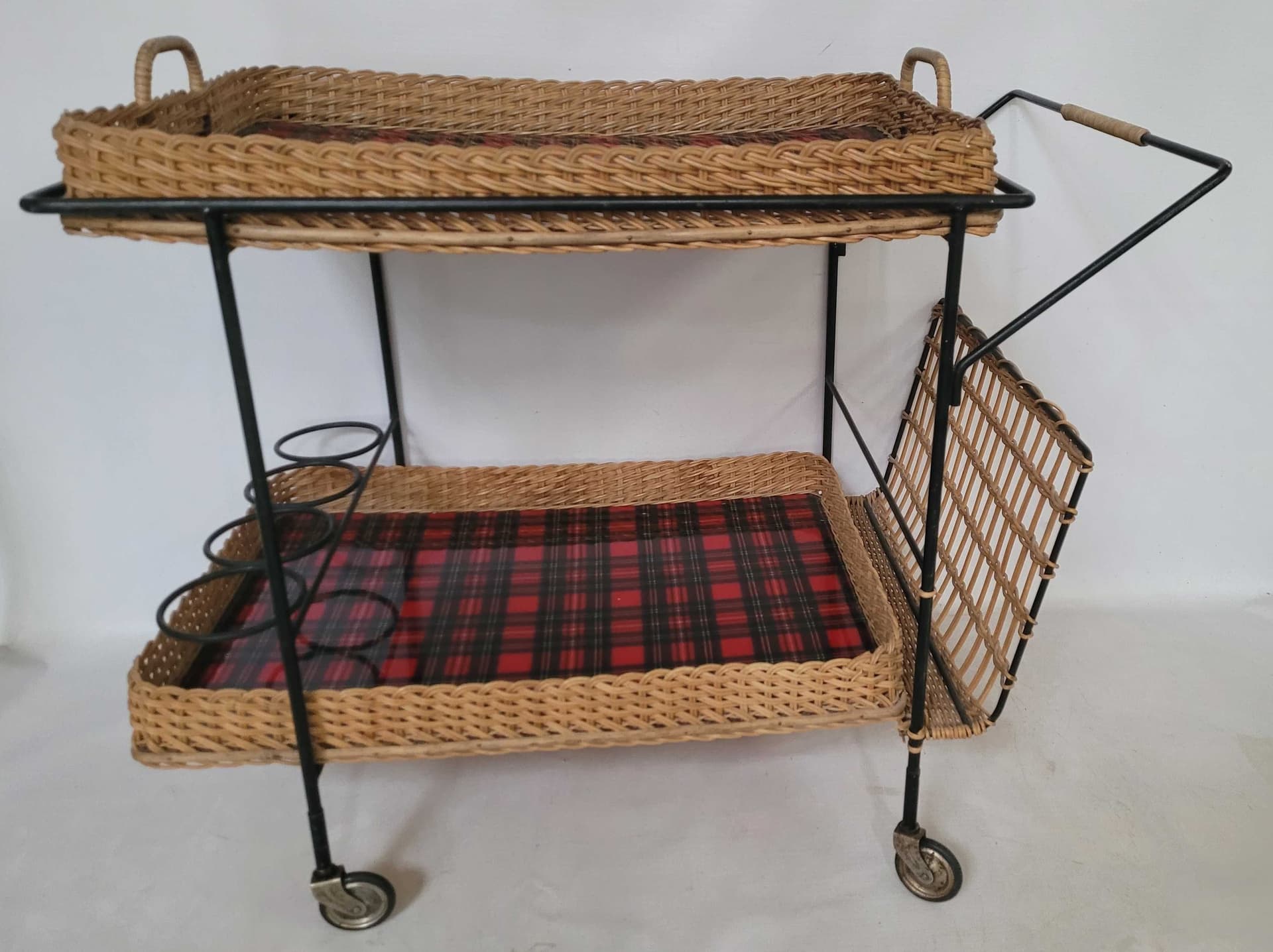 Bar cart, black metal, brown wicker, Poland, 1970s. - 328202