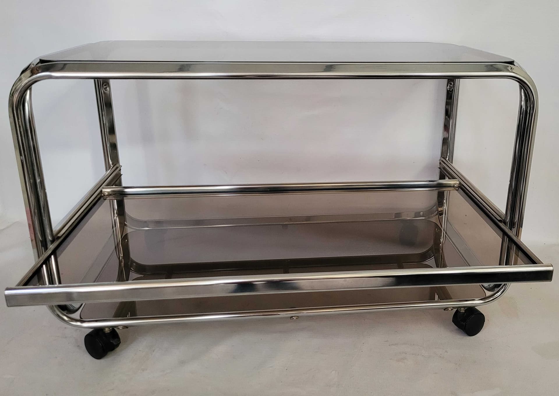 Side table Huwa-Spiegel Pasol 88x45 cm, silver chrome, smoked glass, Germany, 1970s. - 328199