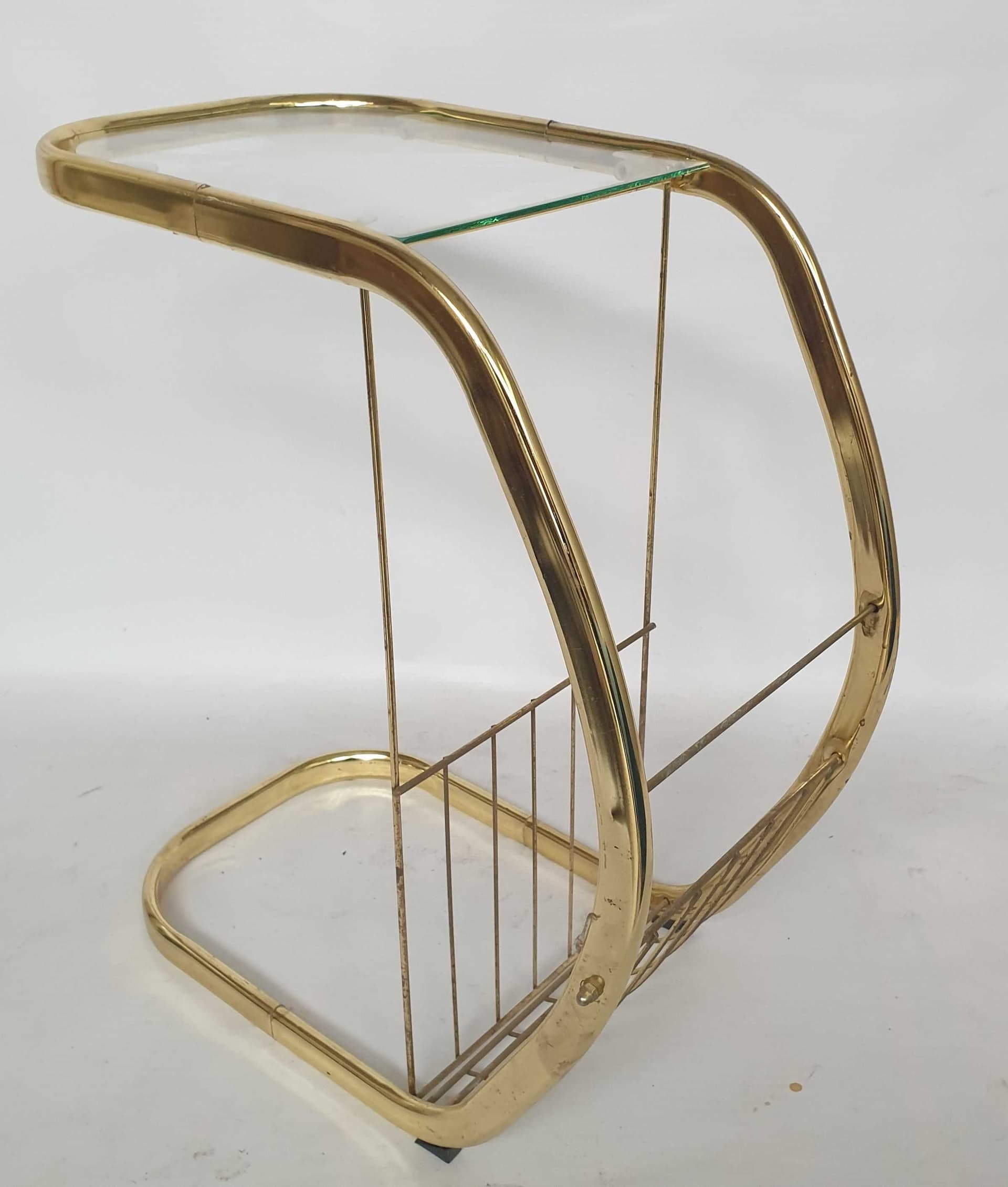 Side table with magazine rack, gold brass, transparent glass, 1970s - 328196