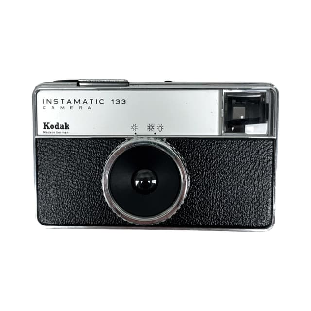 Aparat fotograficzny Instamatic 133, space age, metal srebrny, plastik czarny, Niemcy, lata 60. - WYMIARY