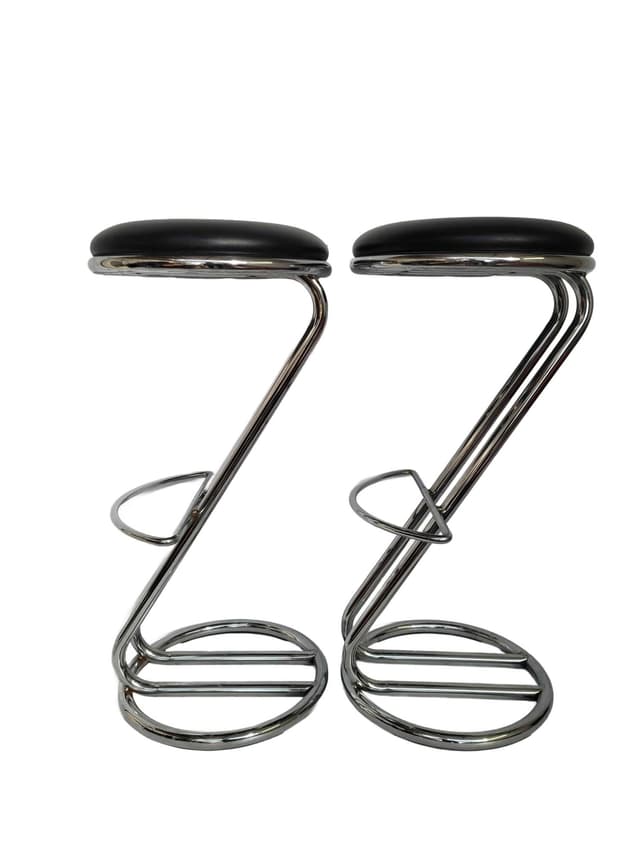 Bar Stool Bauhaus, black synthetic leather, chrome metal, 1970s. - DIMENSION