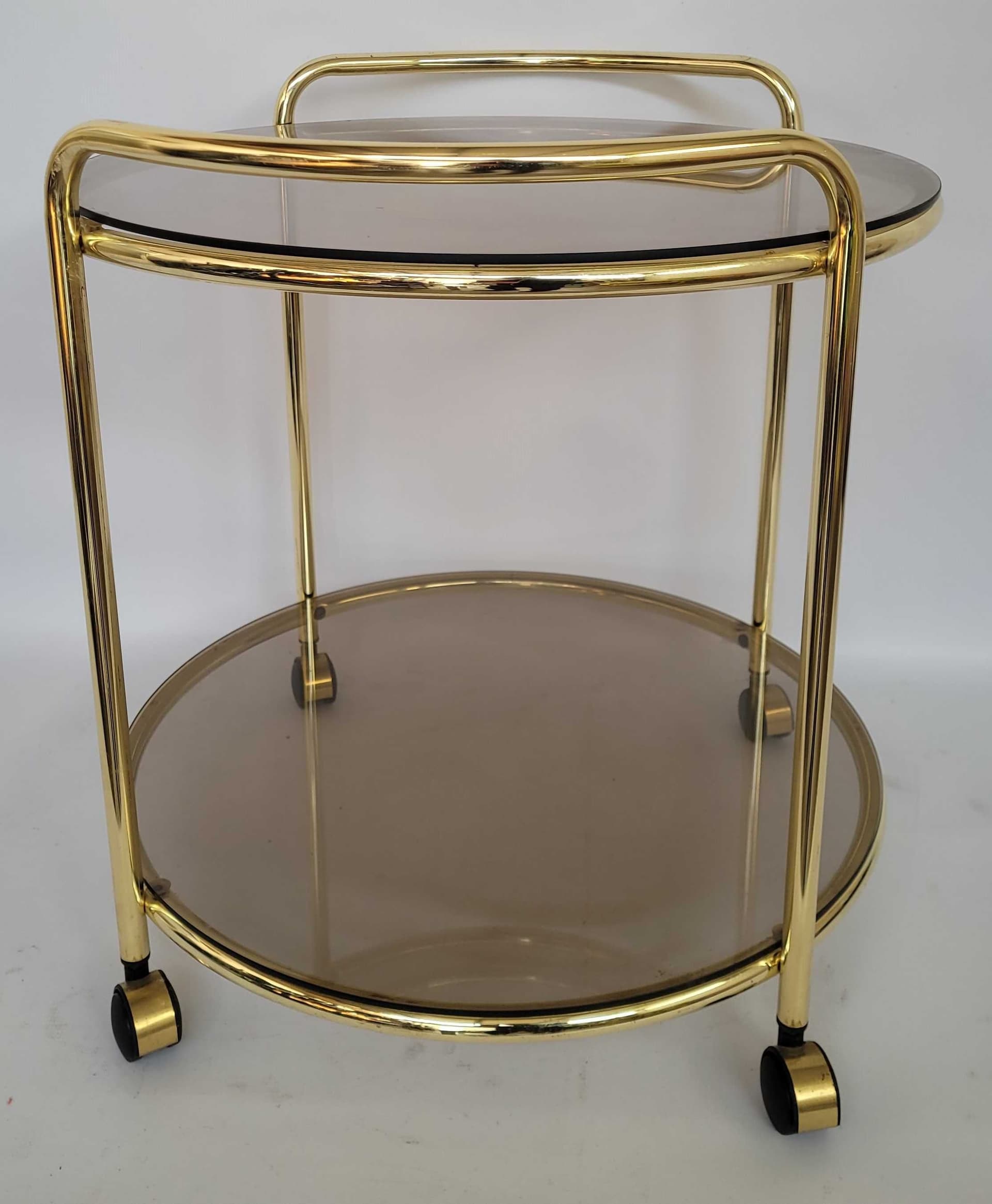 Mobile Side Table Hollywood Regency, gold brass, smoked glass, 1960s - 328070
