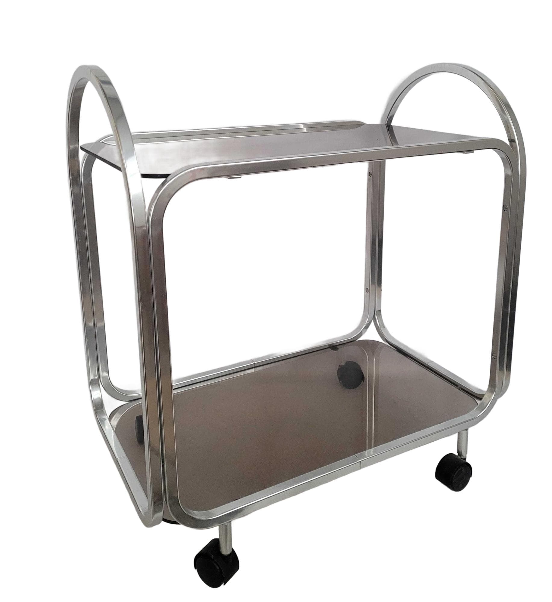 Table Bauhaus, silver aluminum, smoked glass, 1970s.