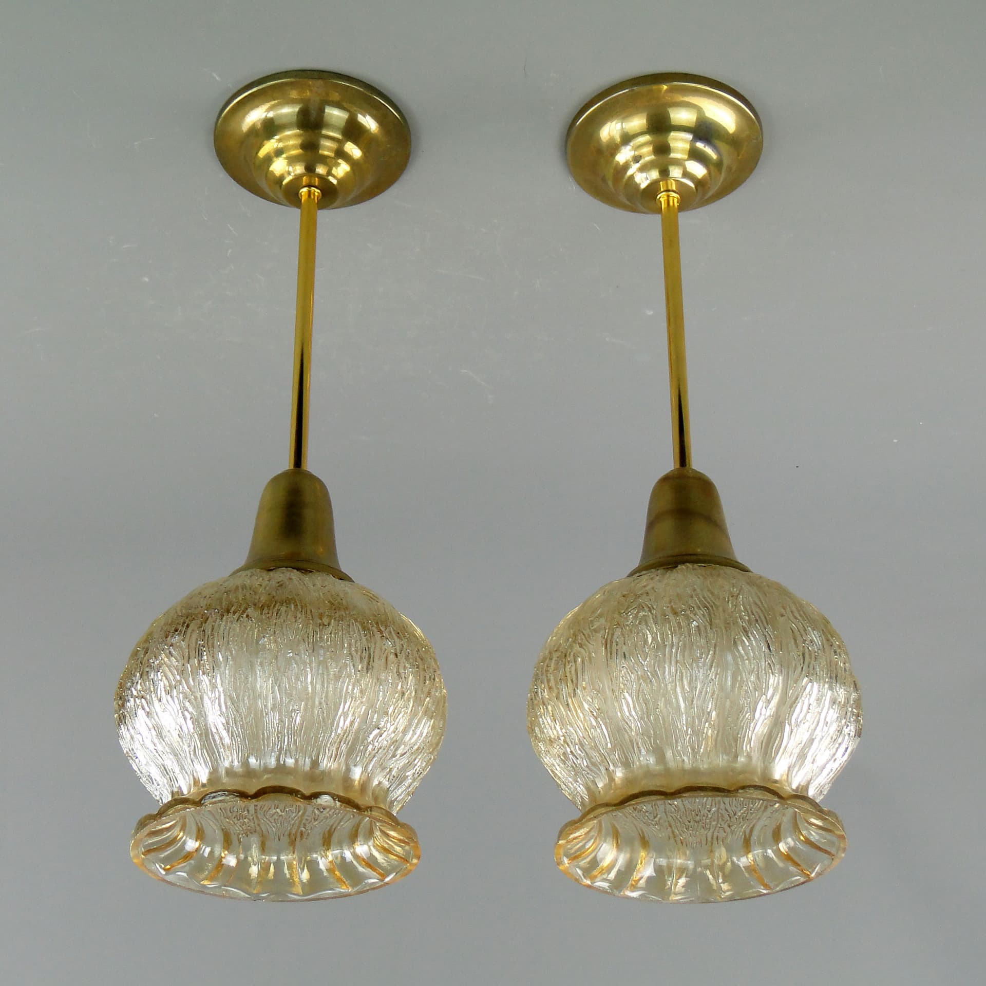 Pair of ceiling lamps, champagne glass, golden brass, Poland, 1960s. - 2643