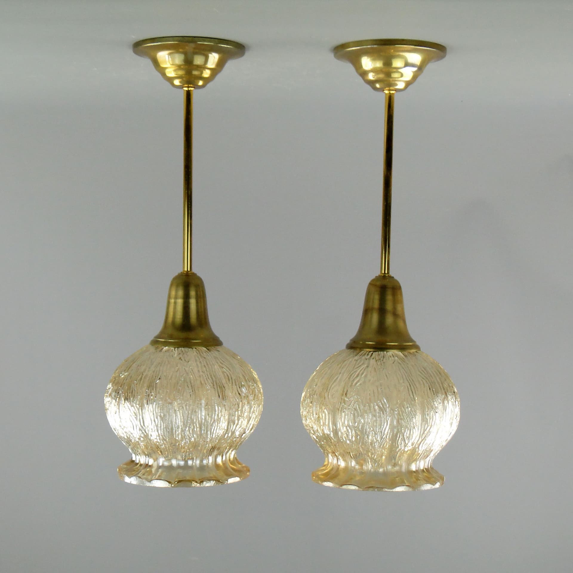 Pair of ceiling lamps, champagne glass, golden brass, Poland, 1960s. - 2642
