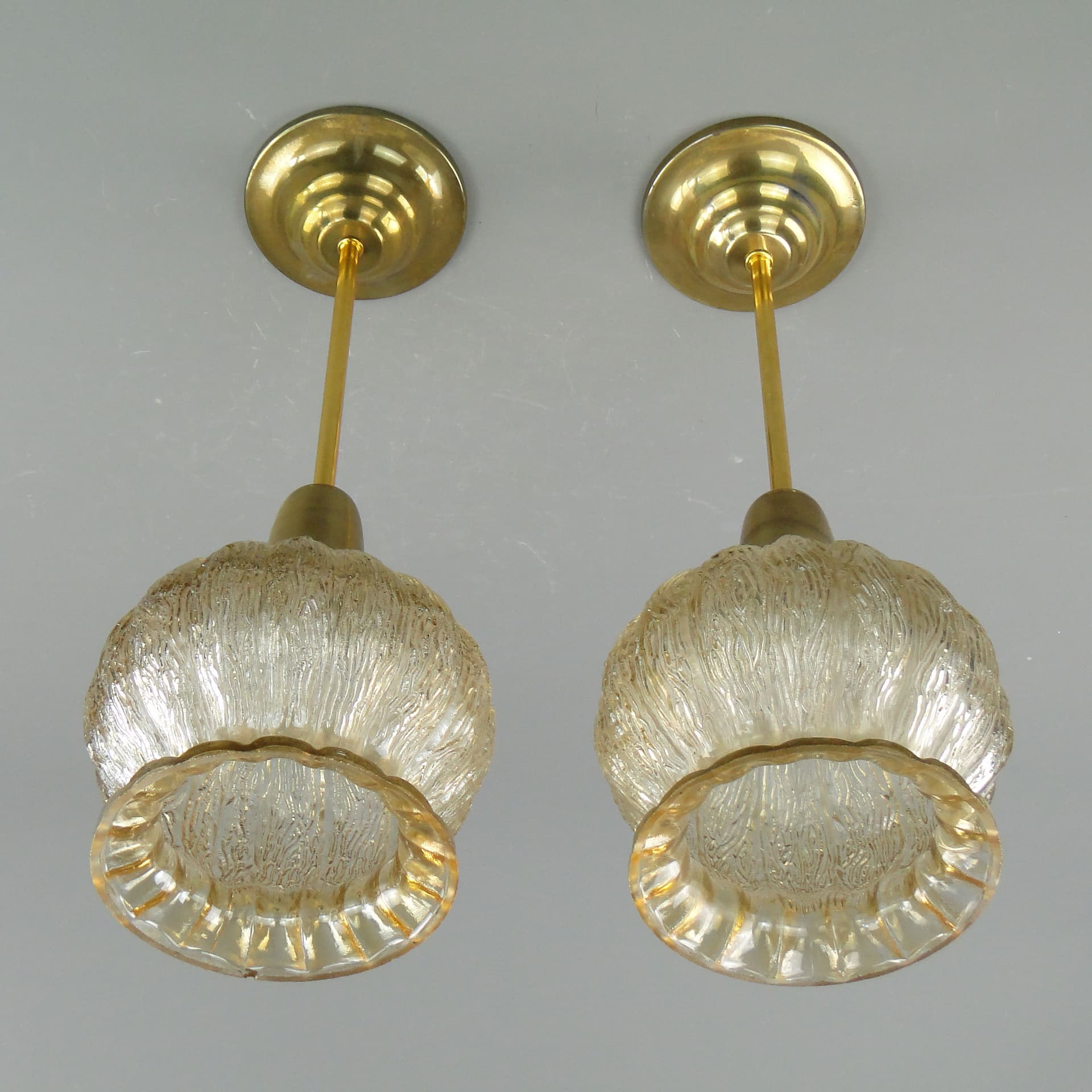 Pair of ceiling lamps, champagne glass, golden brass, Poland, 1960s. - 2644