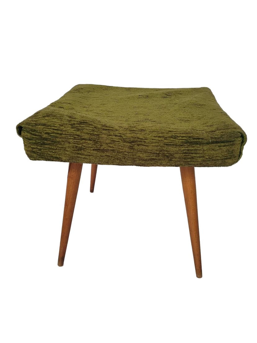 Stool, olive green fabric, brown wood, Poland, 1960s.