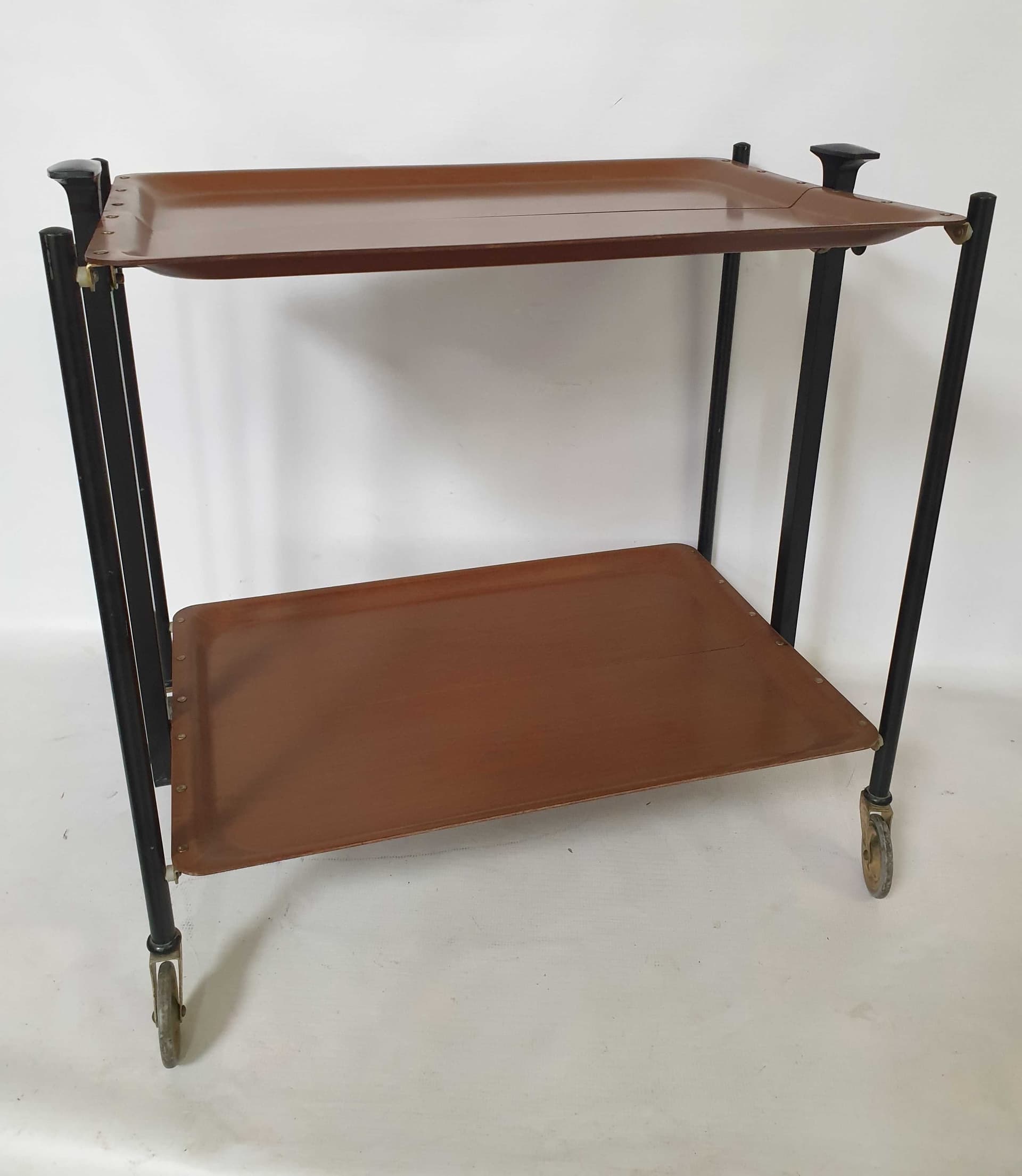 Side table, brown wood, black metal, Poland, 1960s. - 328031