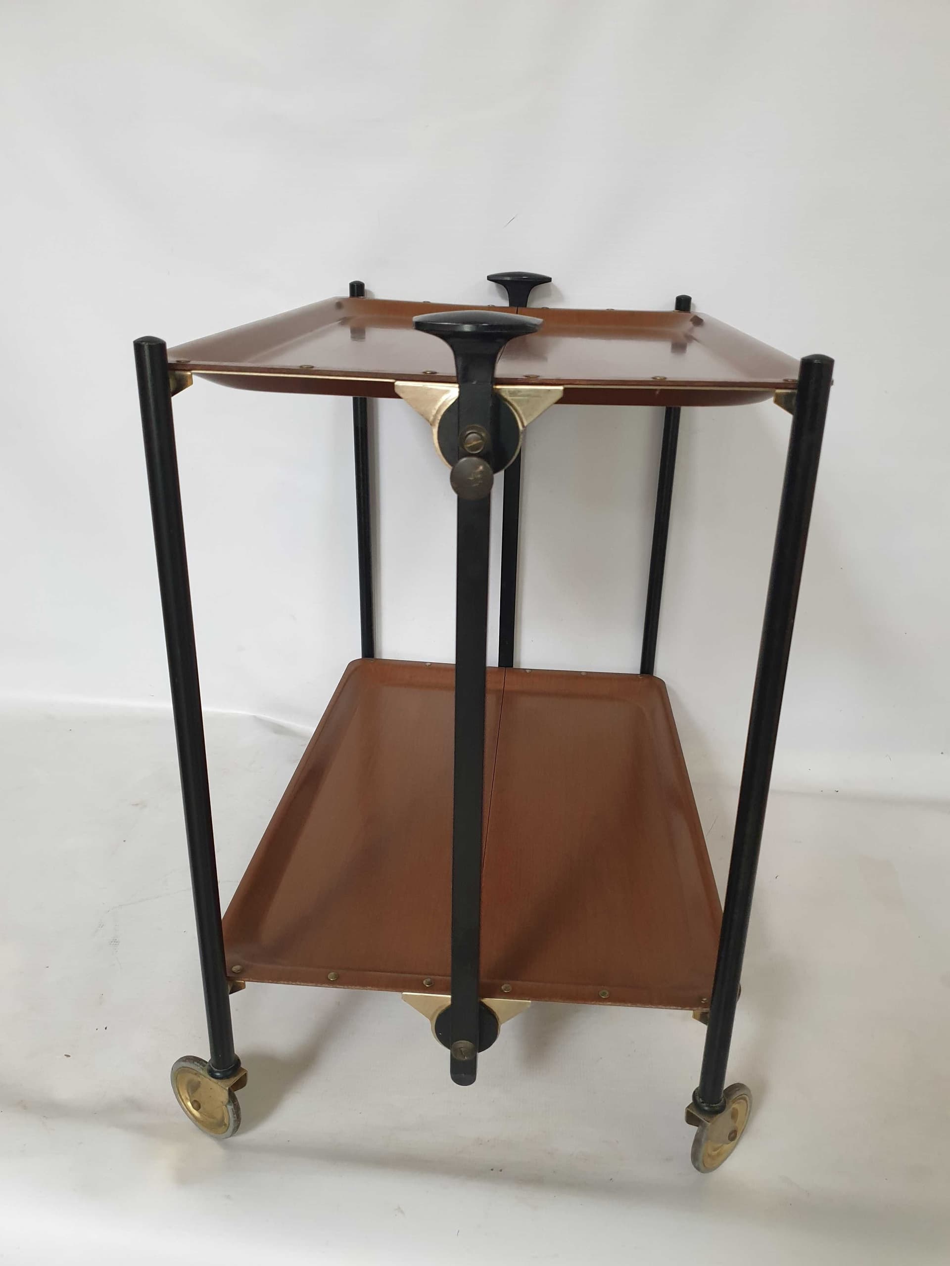 Side table, brown wood, black metal, Poland, 1960s. - 328030