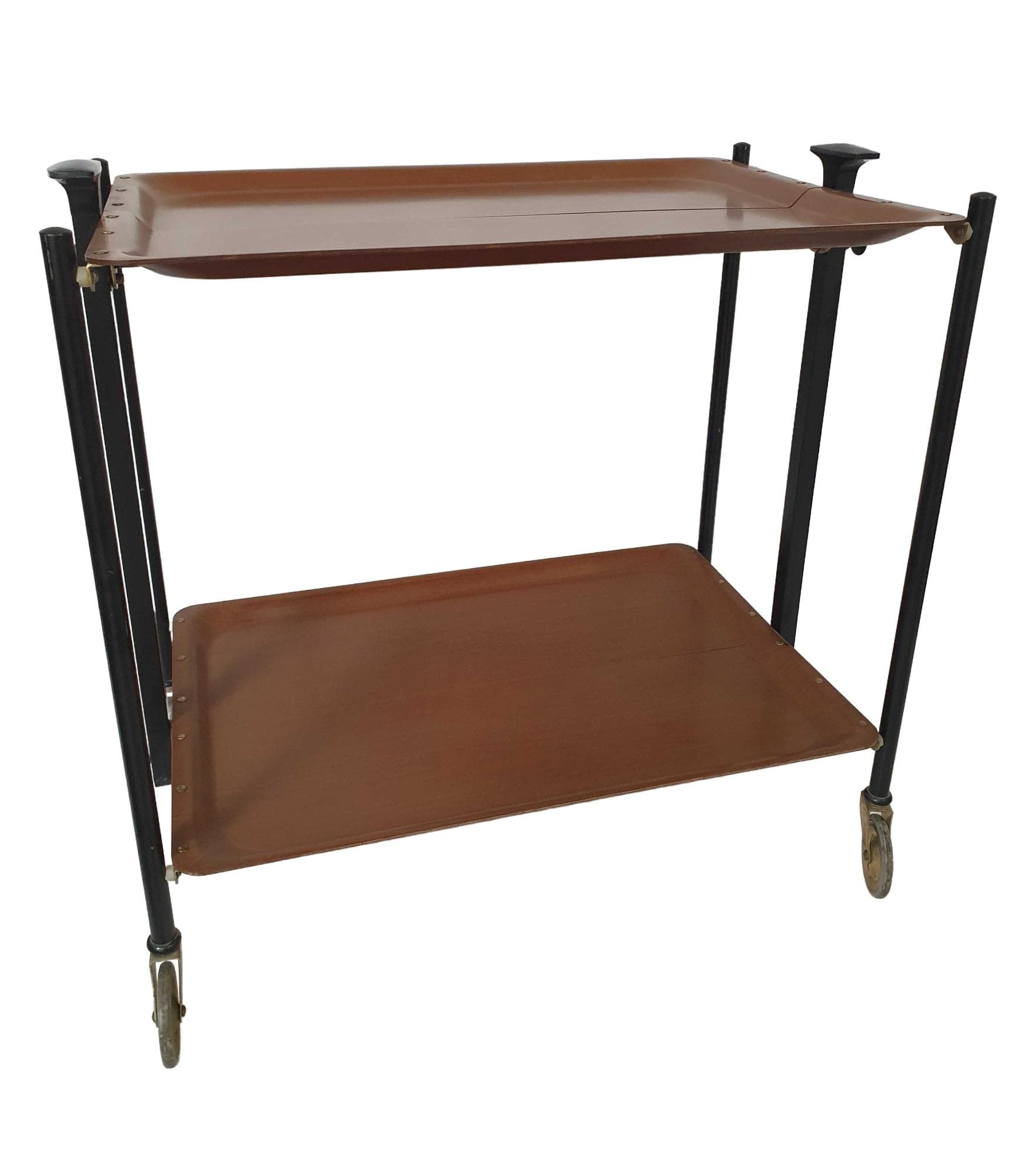 Side table, brown wood, black metal, Poland, 1960s.