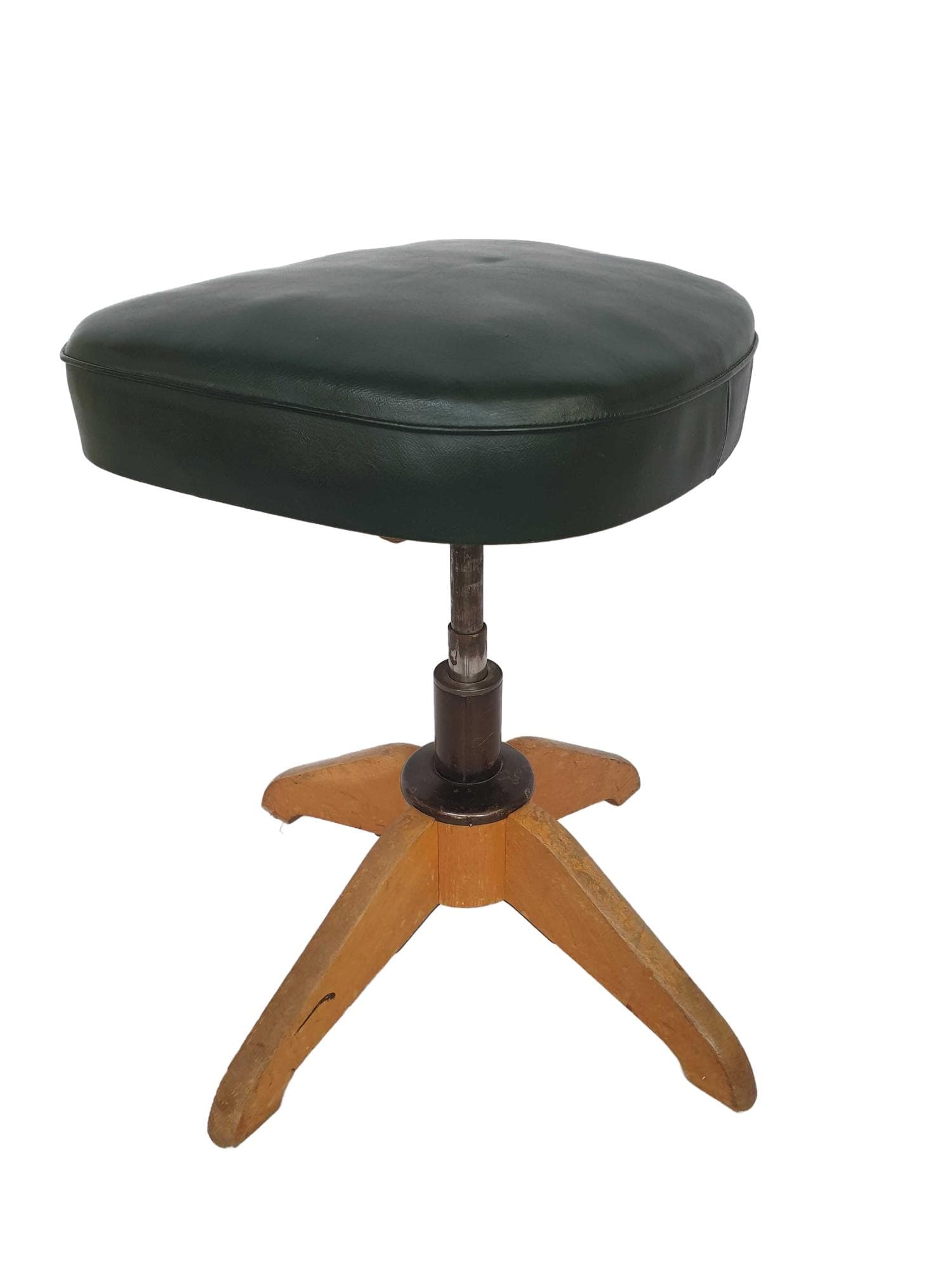 Swivel stool, STOLL, dark green synthetic leather, brown wood, grey metal, Germany, 1960s.