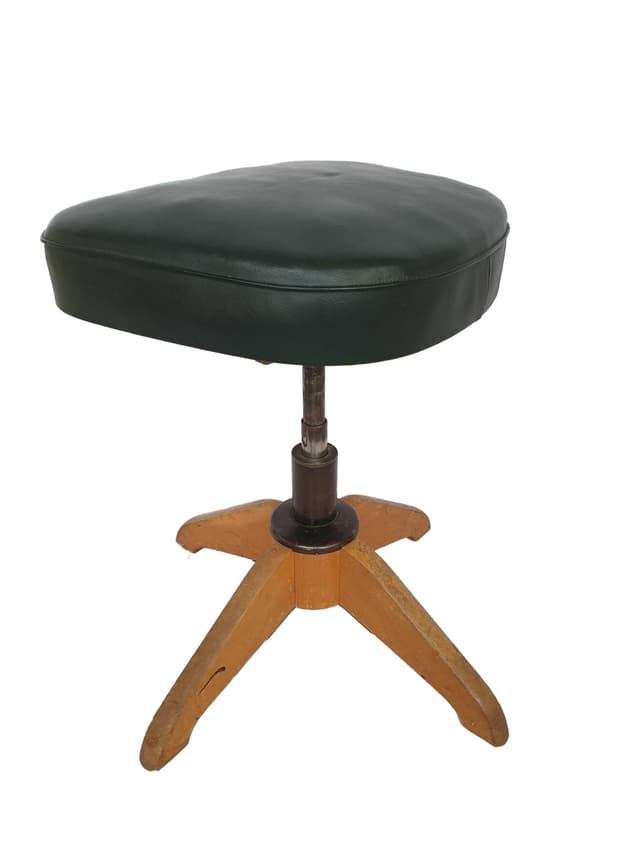 Swivel stool, STOLL, dark green synthetic leather, brown wood, grey metal, Germany, 1960s. - DIMENSION