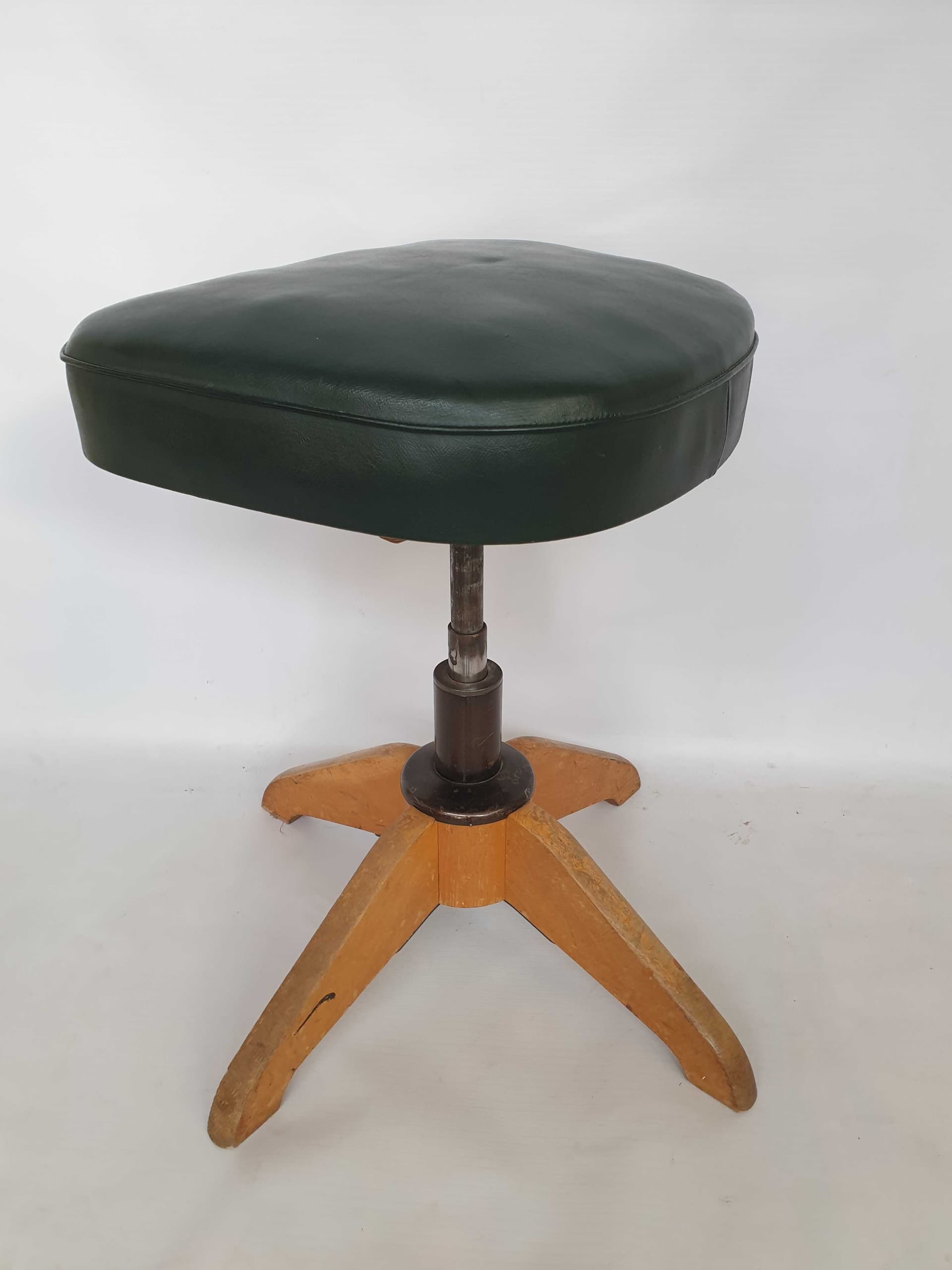 Swivel stool, STOLL, dark green synthetic leather, brown wood, grey metal, Germany, 1960s. - 328465