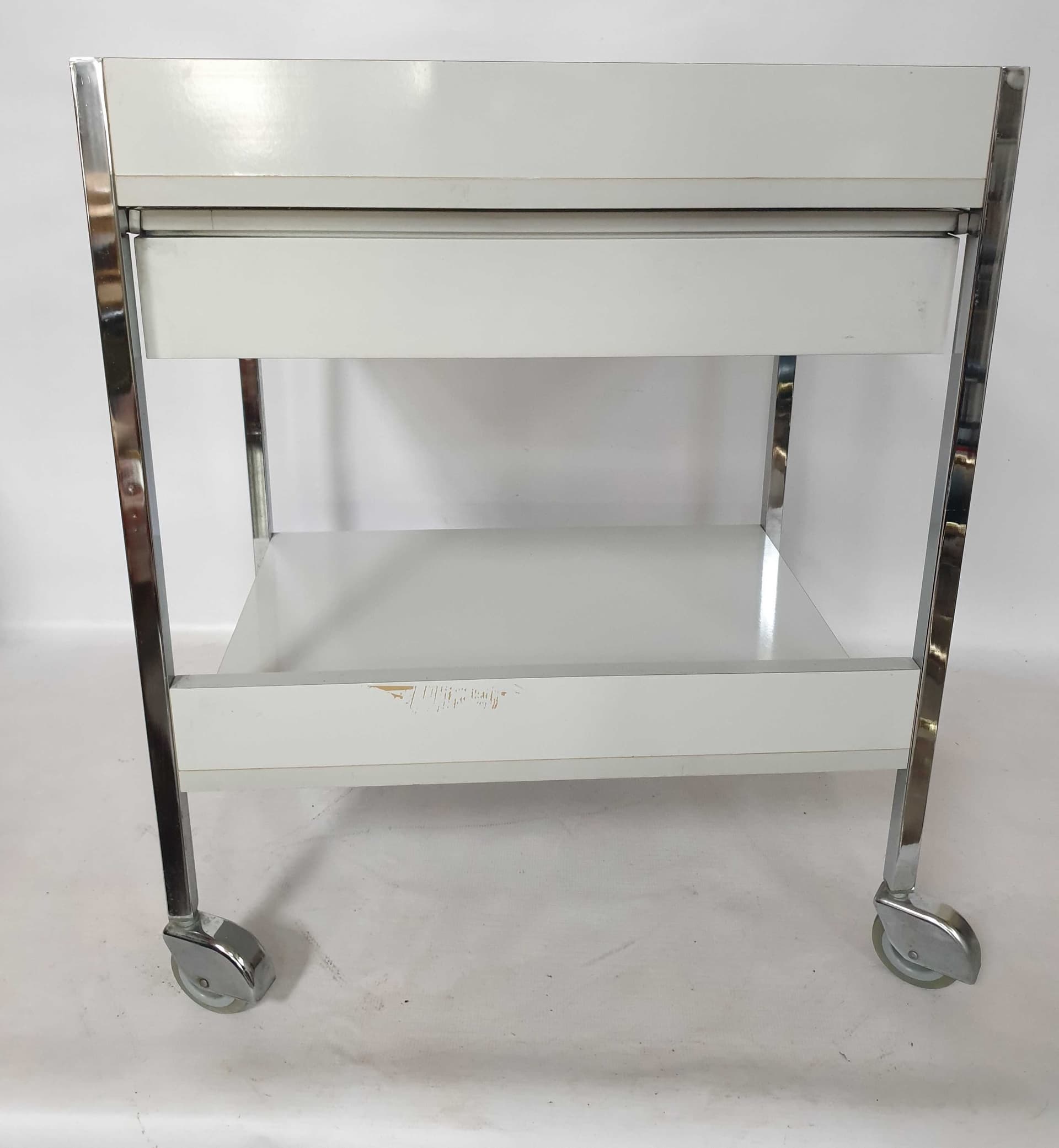 Bar cart, white plywood, silver chrome, Poland, 1970s. - 328455