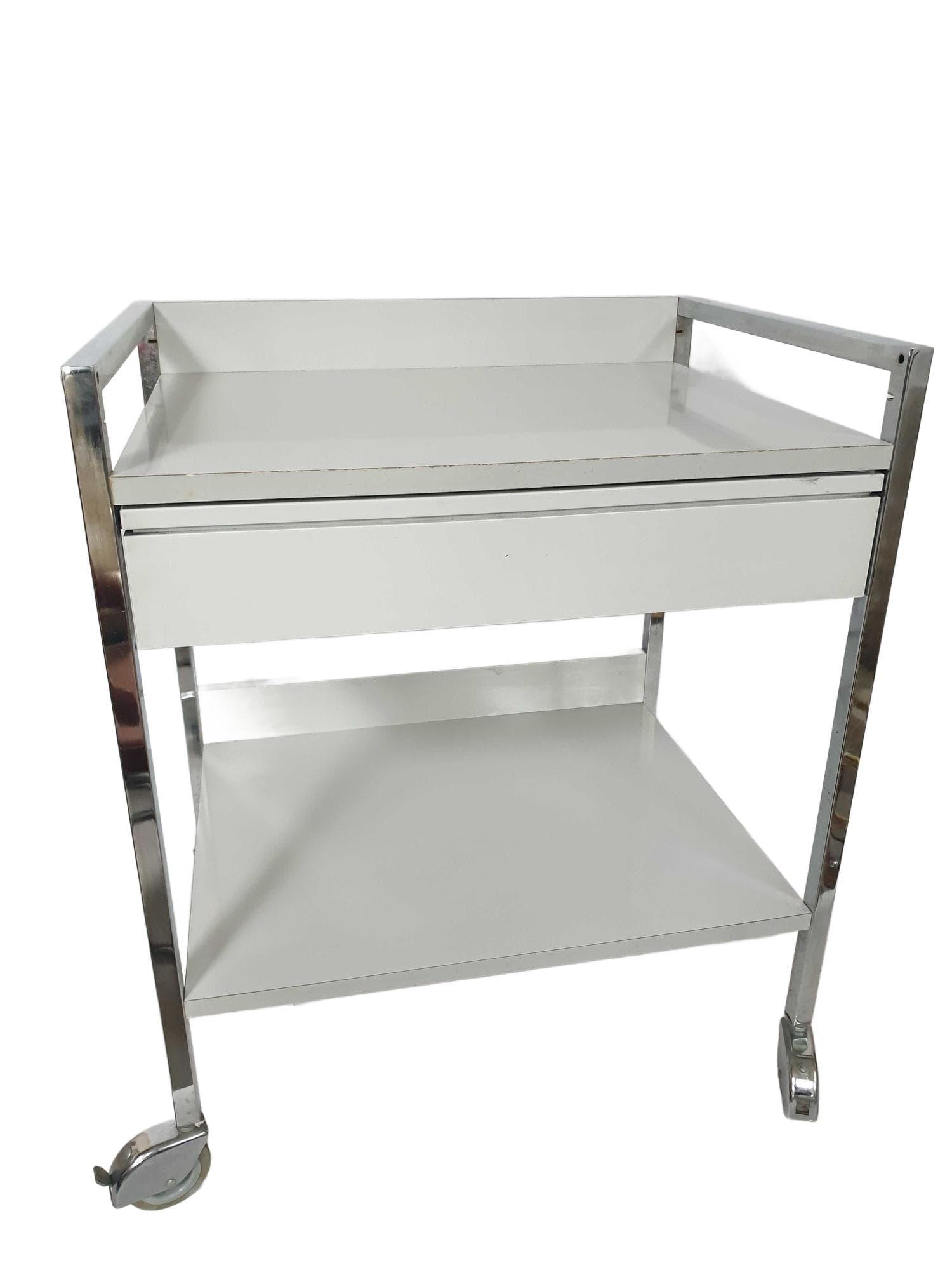 Bar cart, white plywood, silver chrome, Poland, 1970s.