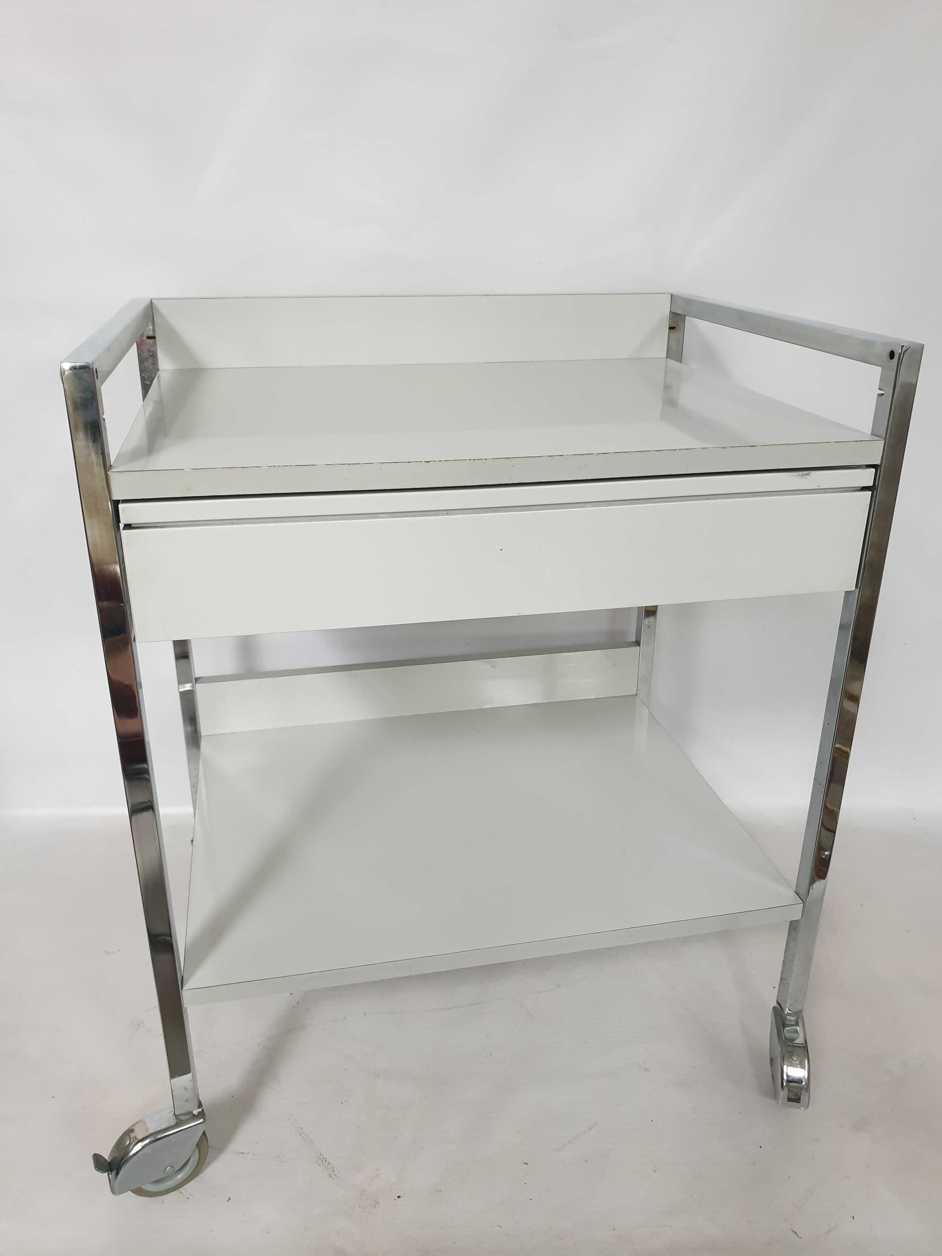 Bar cart, white plywood, silver chrome, Poland, 1970s. - 328456