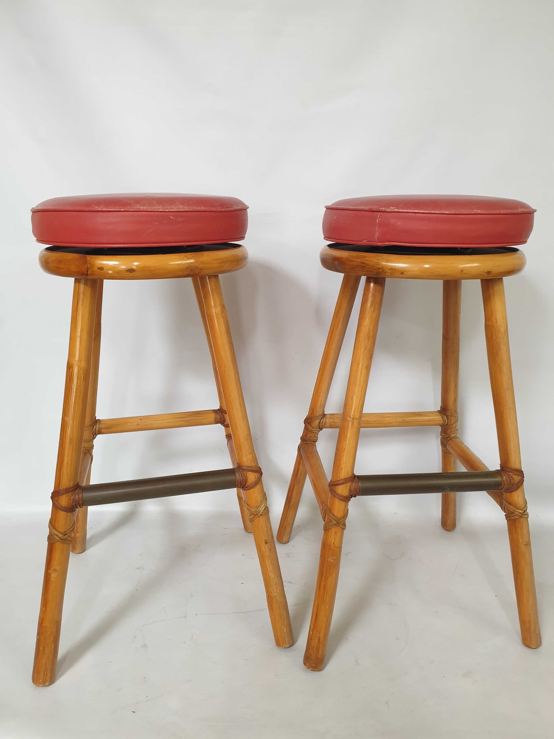 Bar Stool, brown bamboo, red leather, by E. McGuire, 1970s. - 328453