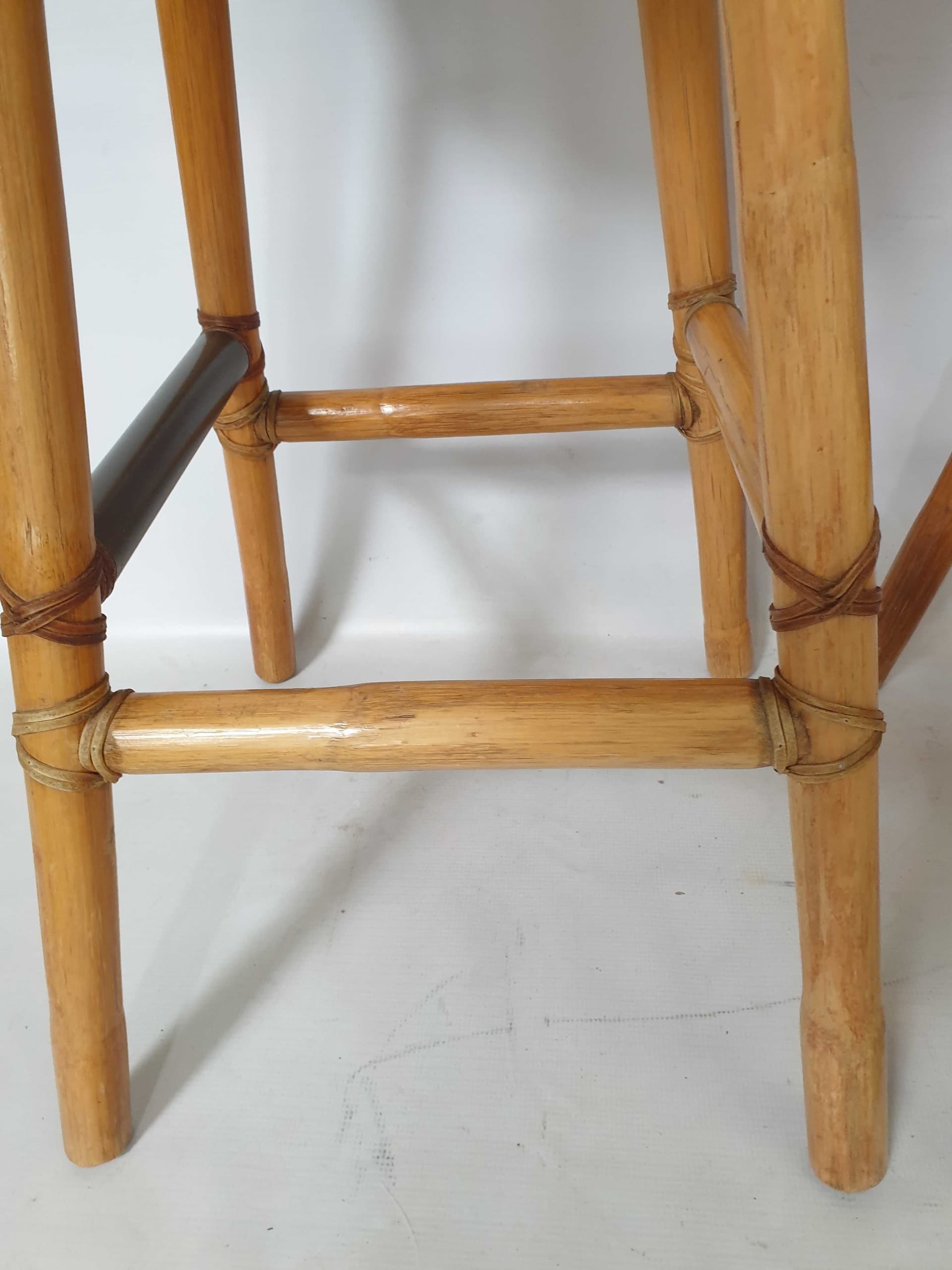 Bar Stool, brown bamboo, red leather, by E. McGuire, 1970s. - 328452