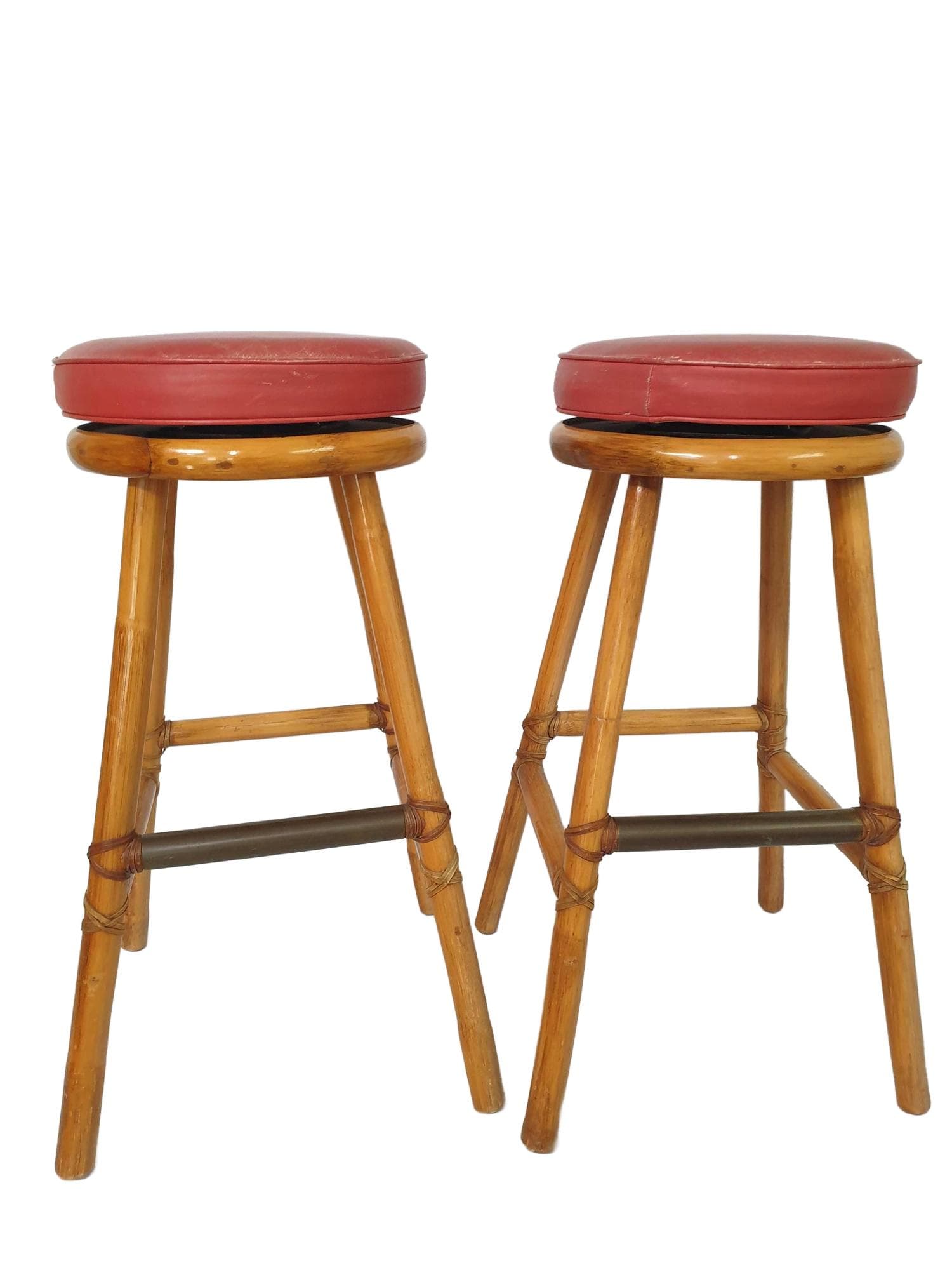 Bar Stool, brown bamboo, red leather, by E. McGuire, 1970s.