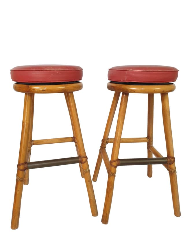 Bar Stool, brown bamboo, red leather, by E. McGuire, 1970s. - DIMENSION