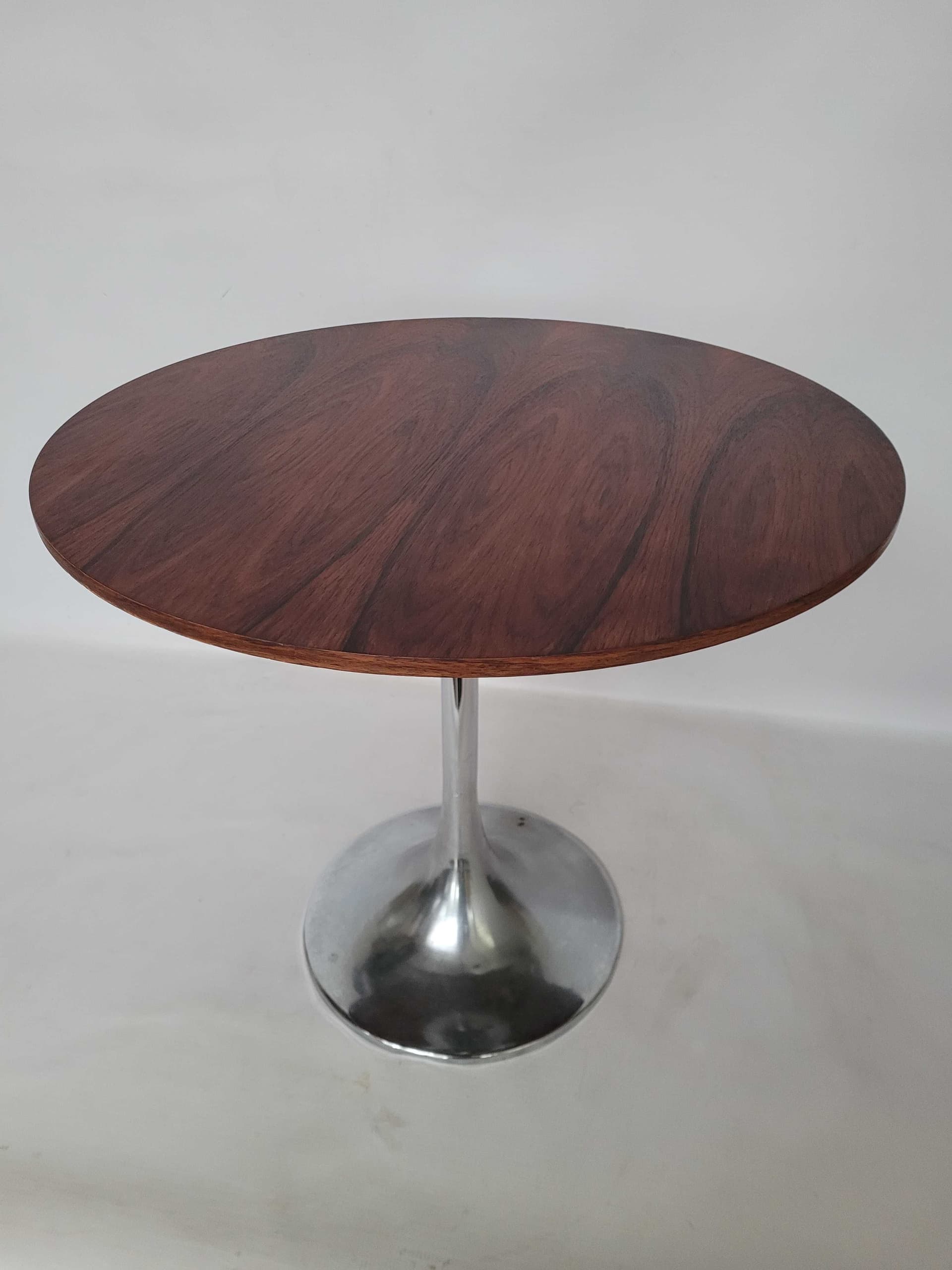 Side Table Tulip, Space Age, brown wood veneer, silver chrome, 1970s - 328444