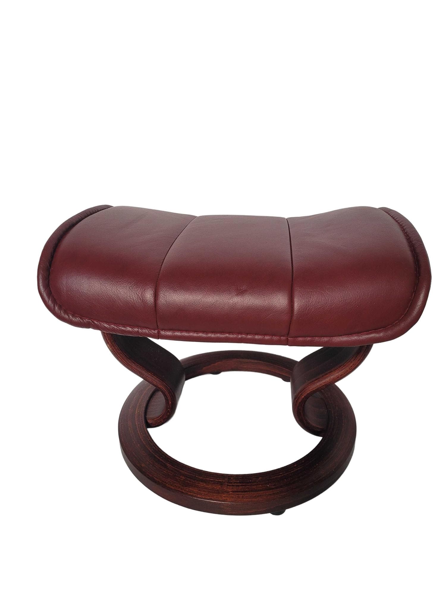 Ottoman Stressless, burgundy leather, brown wood, Scandinavia, post-1990