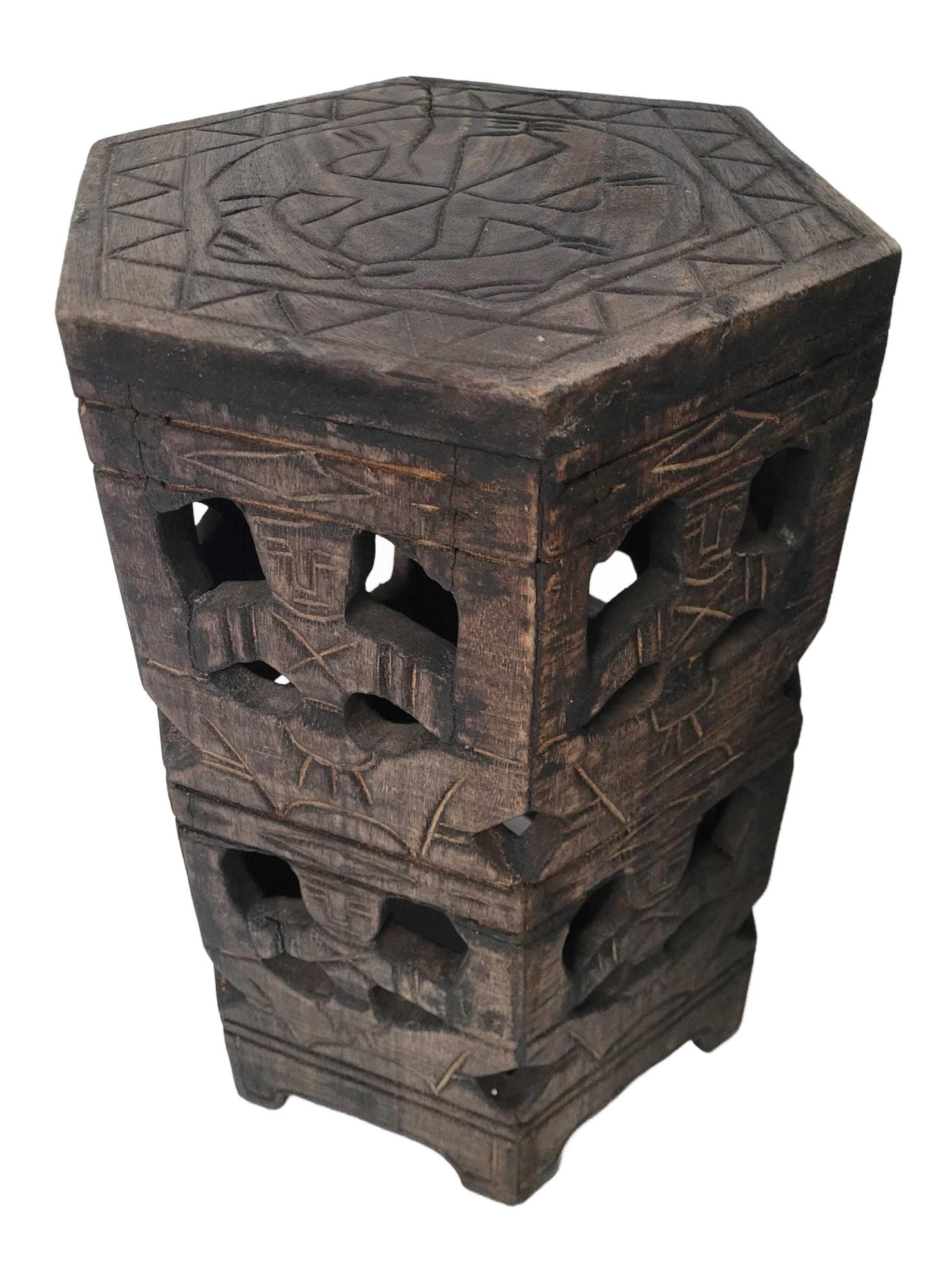 Carved plant stand table, brown wood, 1970s. - 328406