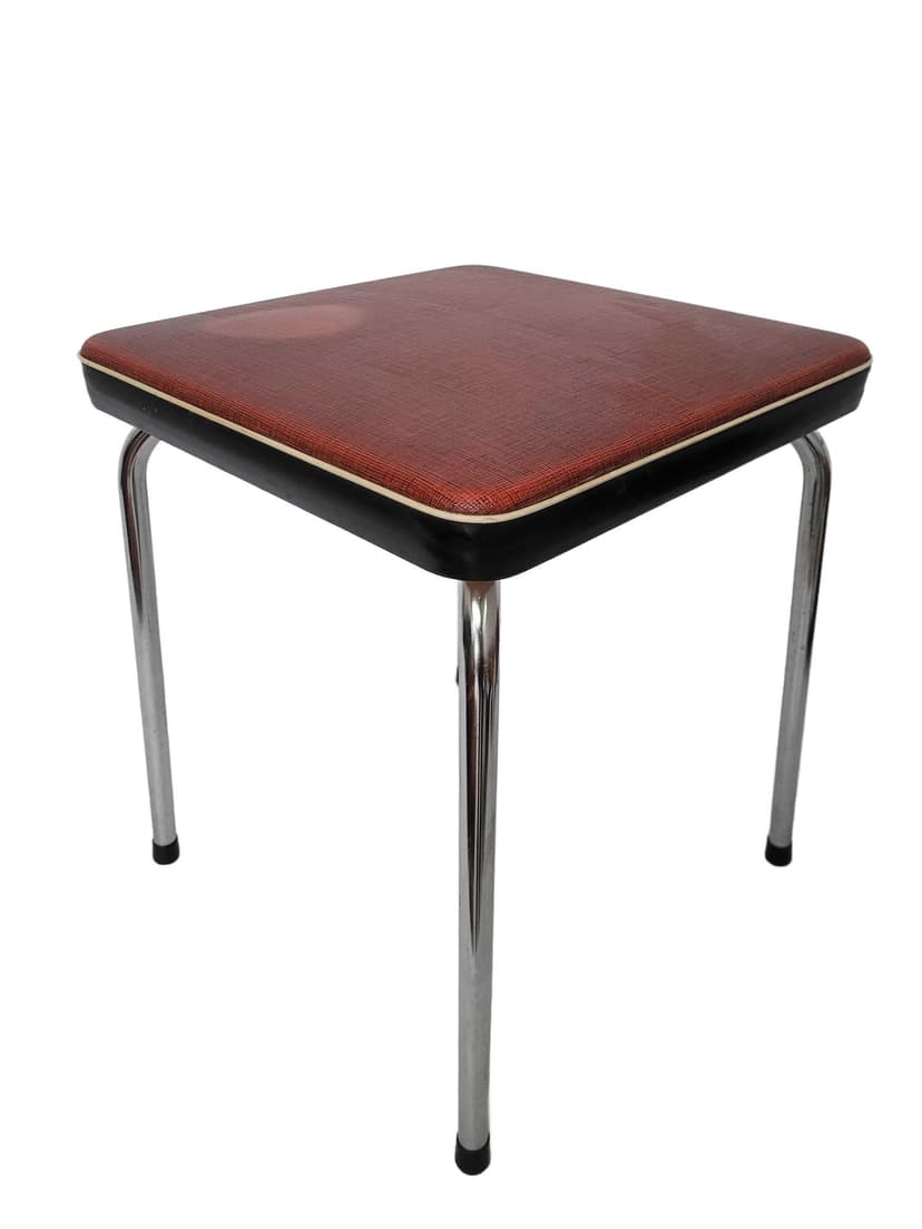 Kitchen stool, brown red faux leather, chrome metal, Poland, 1970s.