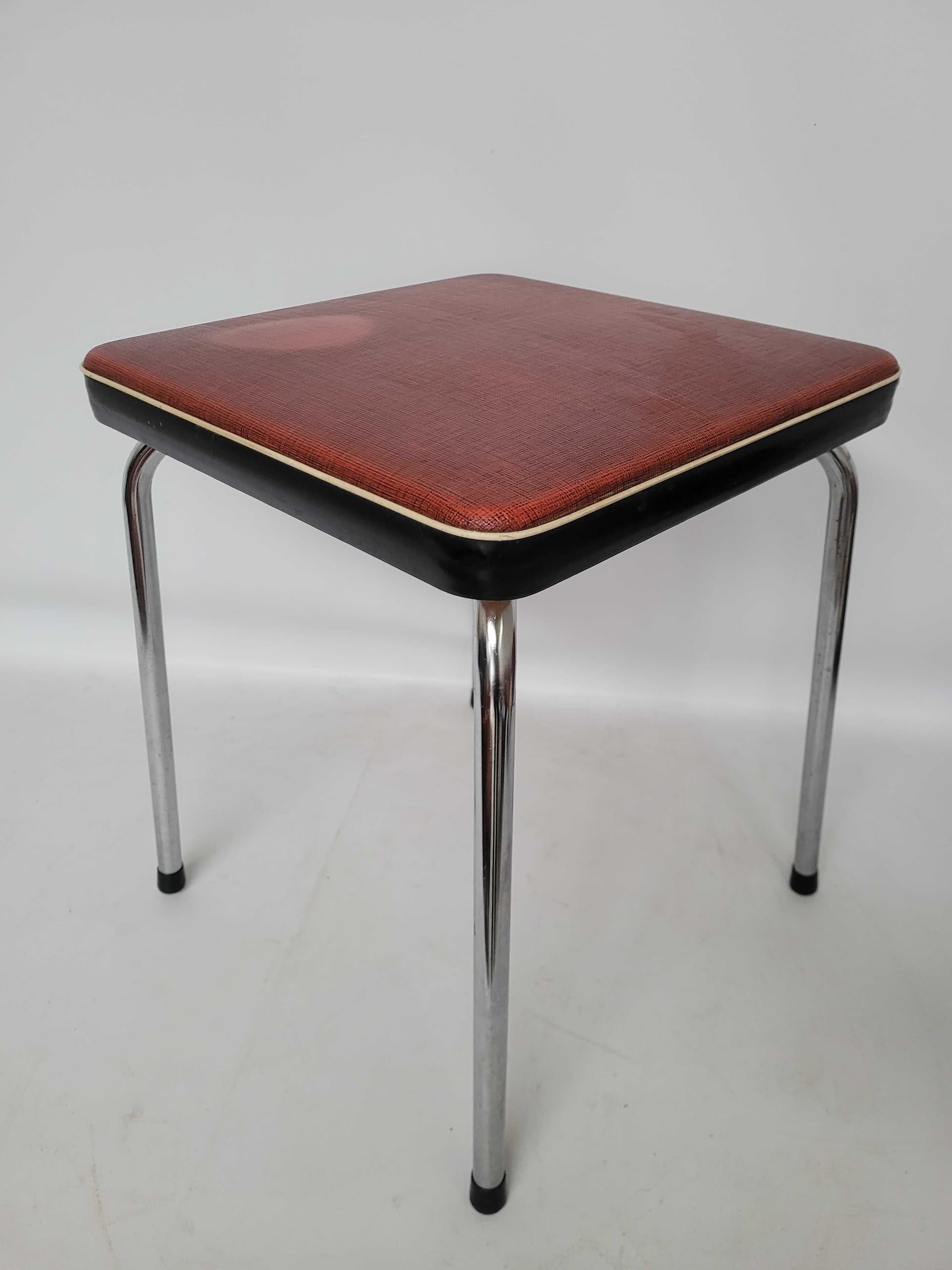 Kitchen stool, brown red faux leather, chrome metal, Poland, 1970s. - 328405