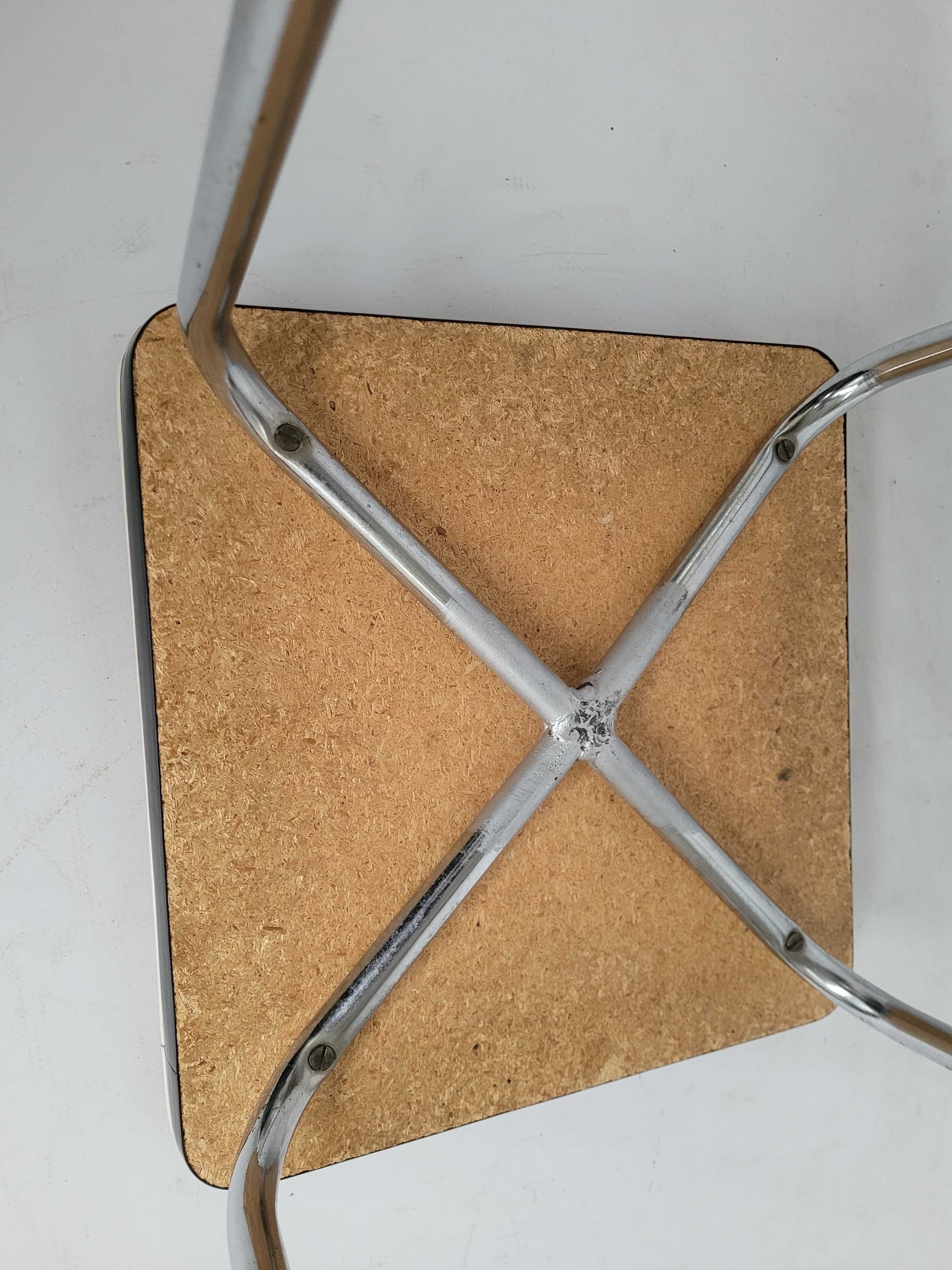 Kitchen stool, brown red faux leather, chrome metal, Poland, 1970s. - 328404