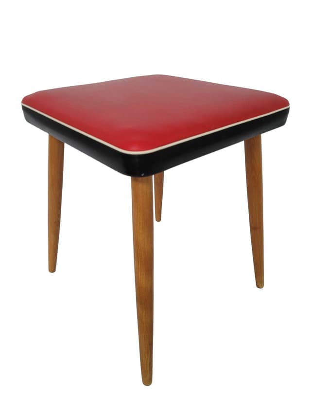 Stool, red faux leather, brown wood, Poland, 1970s. - DIMENSION