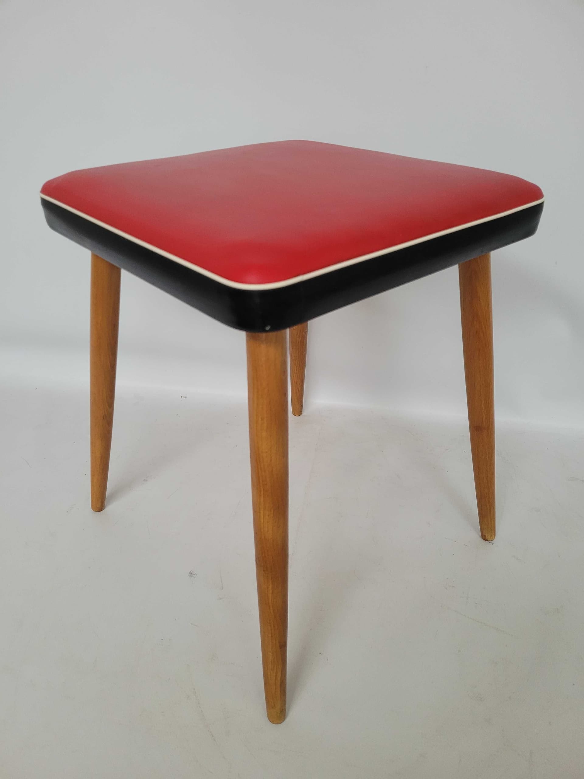 Stool, red faux leather, brown wood, Poland, 1970s. - 328375