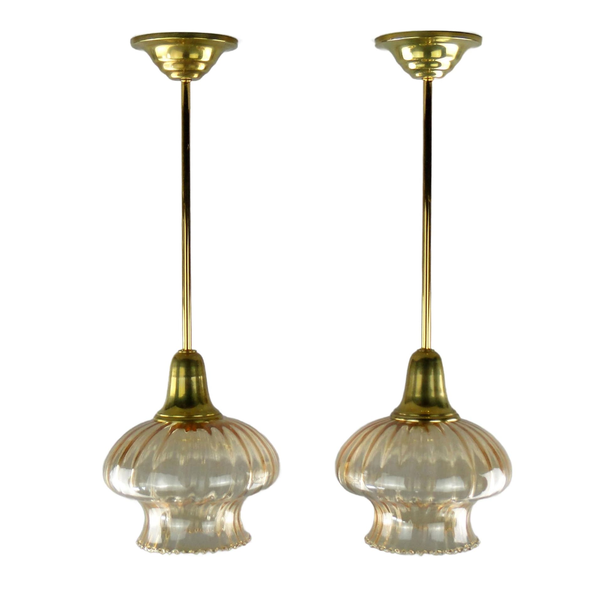 Pair of pendant lamps, golden, glass, Poland, 1960s.