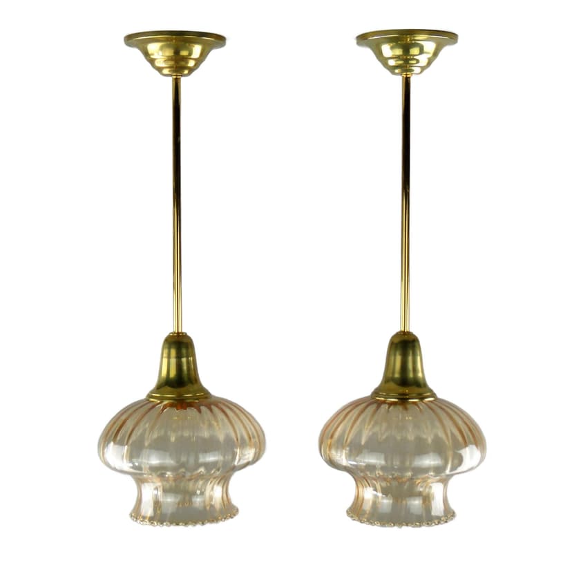 Pair of pendant lamps, golden, glass, Poland, 1960s.